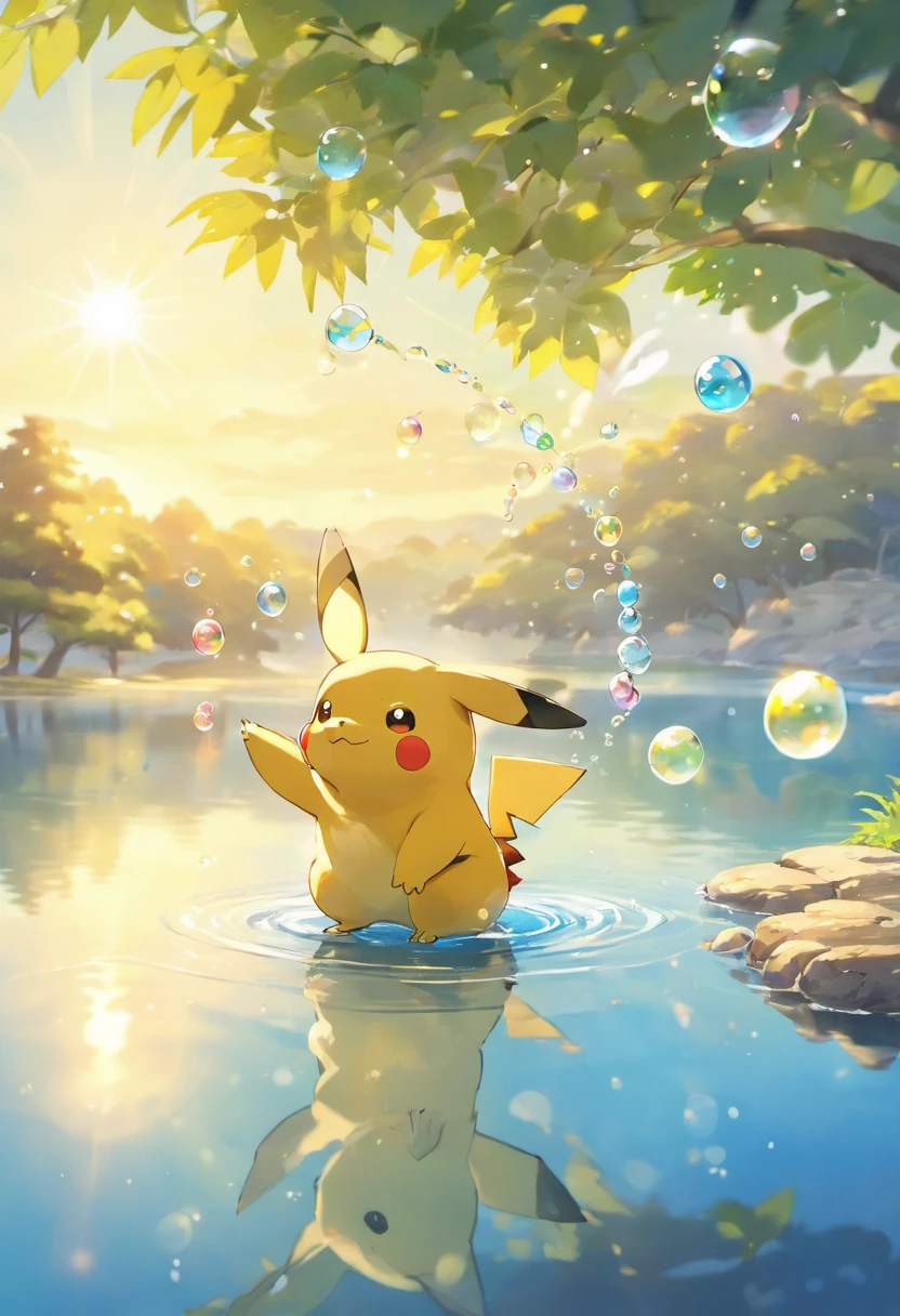 A touching scene in ultra-high definition 3D showcasing Pikachu making a wish beside a tranquil lake. Pikachu, beautifully rendered in detail, is seen gently blowing bubbles into the air, each one carrying a hopeful wish. The bubbles catch the reflection of the setting sun, creating a dreamy, magical effect. The overall atmosphere is tender, filled with hope and serenity