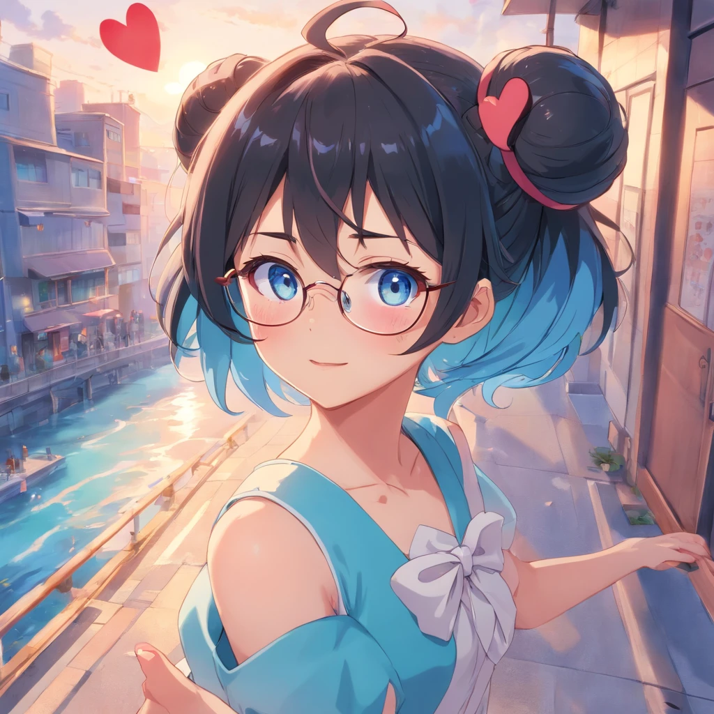 Black hair, hair bobbles, wince, longeyelashes, Solid Circle Eyes, Fake animal ears, lightsmile, ear blush, tusk, Skirt that wraps hips, flat chest, Expose your little belly, Blue hair, Light blue hair, Drill Hair, Twin-tailed, Halo, Jewelry, hair clips, Hairpin, heart-shaped eyewear, white hairband, Heart-shaped pupil, dilated pupils, Gradient Eyes, Heterochromia, fingersmile, full blush, heart in eye, Light blush, surrealism, drop shadow, anaglyph, stereograms, Tachi-e, POV, Atmospheric perspective, Anime style, Cinematic lighting, from the outside, from the outside, Atmospheric perspective, 8K, Super Detail, ccurate, Best Quality, nffsw, Anatomically correct, Textured skin, ccurate, masutepiece, high details, High quality, hight resolution, Best Quality