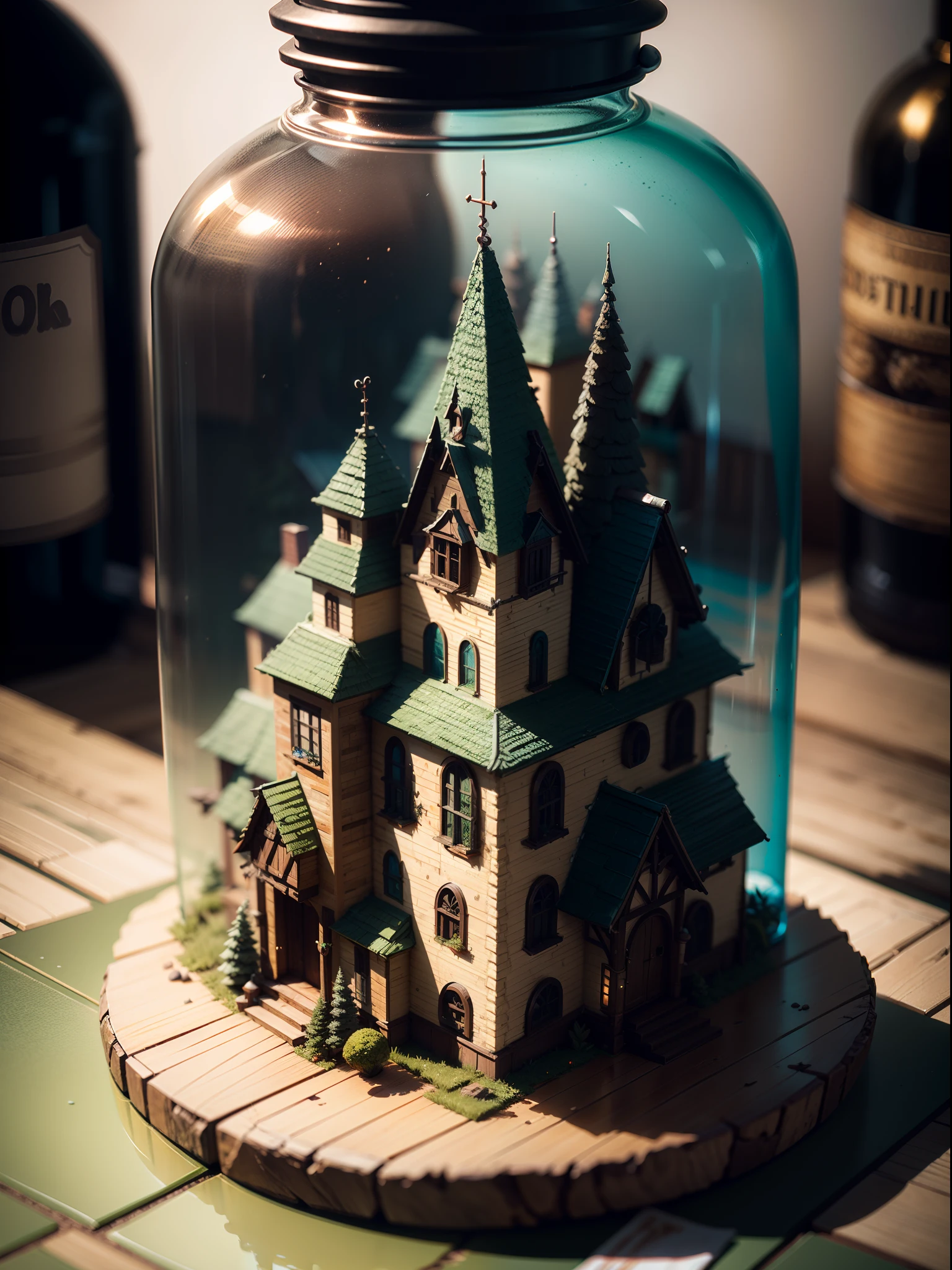 (Concept Art), (Intricate Forest Mini Town, Village, Landscape Trapped in a Bottle), Biome, Thick Glass, Weathered, Atmospheric Oliva Lighting, On the Table, 4k UHD, Dark Resonance, Ultra Detailed, Vivid Colors, Epic Composition, Octane Rendering, Sharp Focus, Detailed, Complex, (Reflection, Refraction, Caustic: 0.6), (High Resolution Isometric), 8K, HDR, Realistic: 1.4
