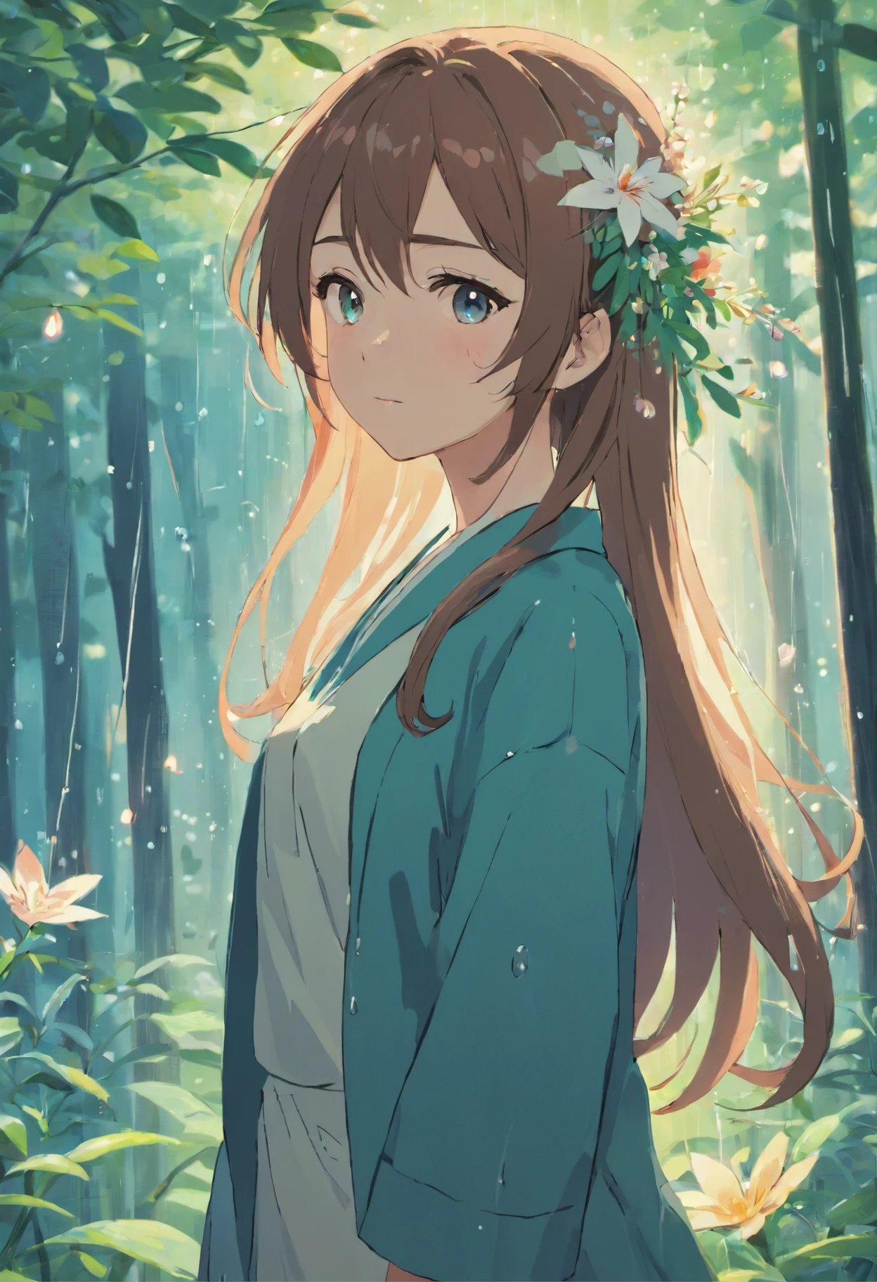 anime girl with long hair and flower in her hair, Beautiful anime artwork, style of anime4 K, Anime art wallpaper 4k,rainy days,janelas,the woods,rain drops