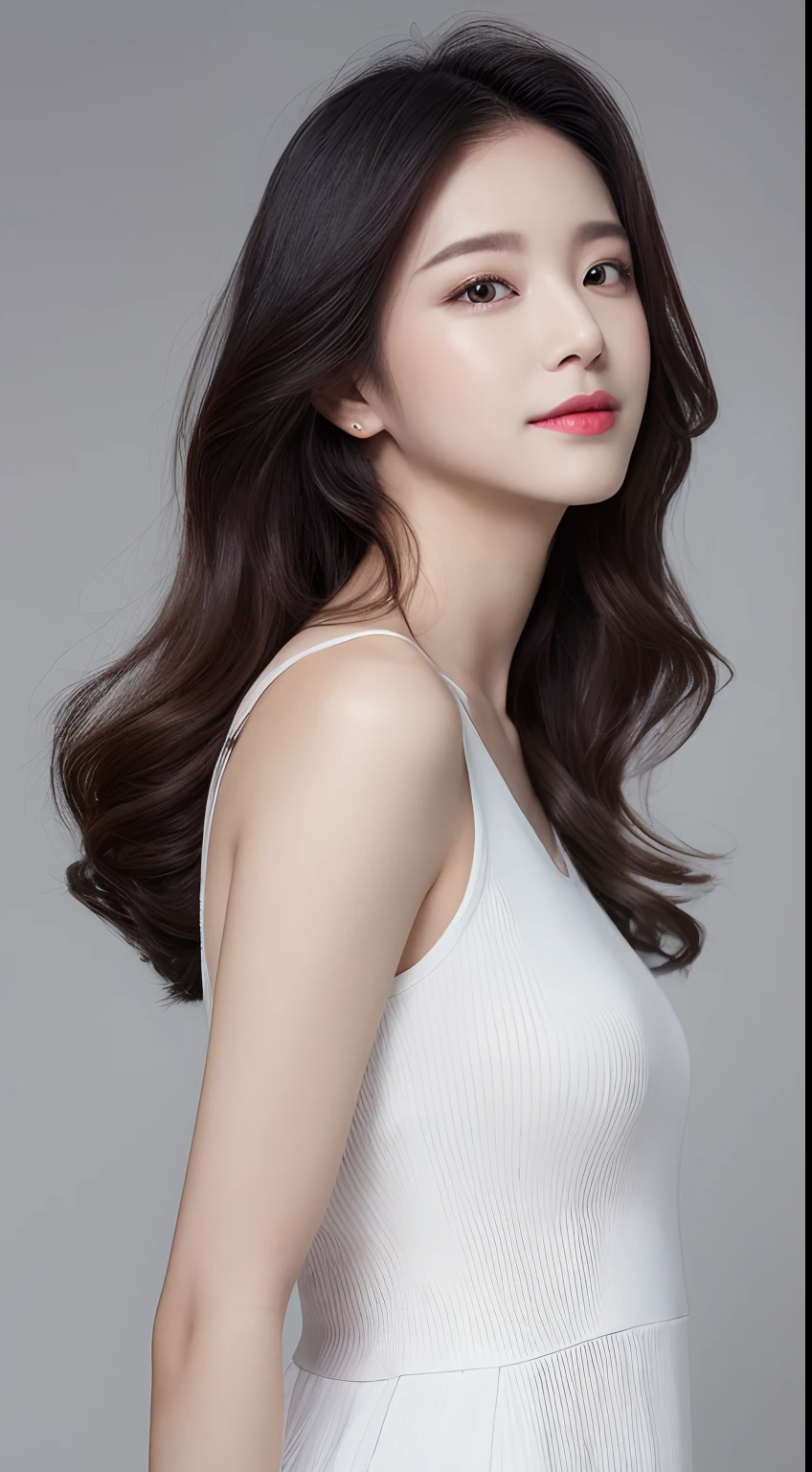((Realistic lighting、top-quality、8K、​masterpiece:1.3))、Clear focus:1.2、1girl in、flawless beauty:1.4、、Neat and clean clothing、One-piece clothes、Superfine Face、Narrow-eyed、二重まぶた、lighting like a movie、photos realistic、28 year old、Face like a K-pop idol、white backgrounid、Gray background、Mature Woman、Classy makeup、Angle of pull、length hair、Longhaire、Long hair、Straight hair、Korea person、Rolled hair