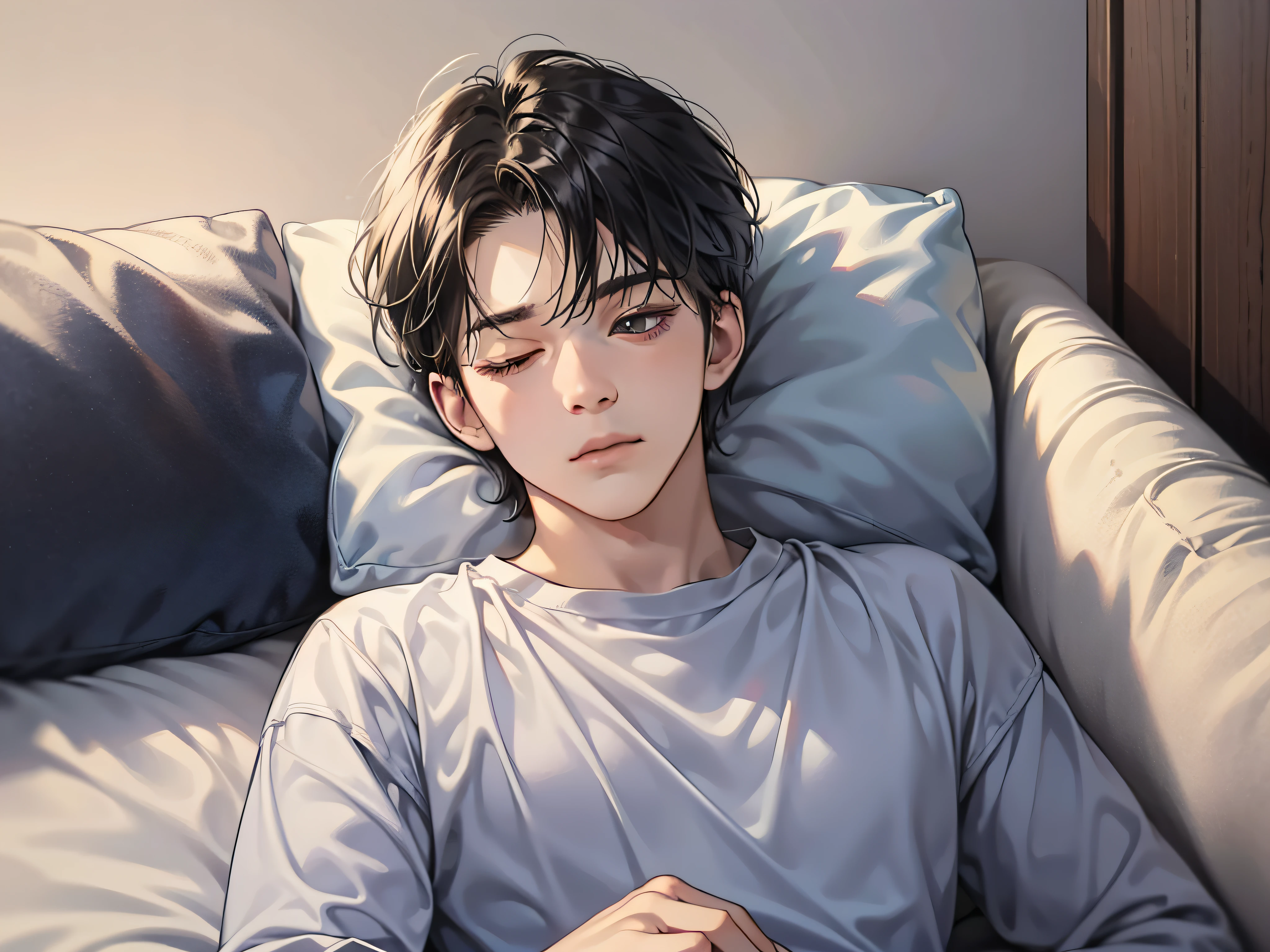 masutepiece, High quality, Best Quality, hard disk, Realistic, Perfect Lighting, Detailed face, Detailed body, 1 man, Short black hair, (Innocent expression: 1.5) (Innocent face: 1.5), Eyes closed, Stand in your room while sleeping,