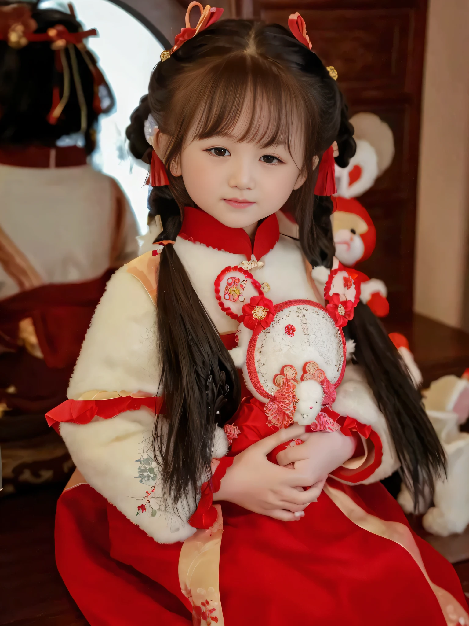 Arapei in a red and white dress holds a teddy bear, Palace , A girl in Hanfu, Chinese traditional, Chinese costume, Traditional Chinese clothing, with acient chinese clothes, Chinese girl, Chinese style, Chinese dress, Hanfu, Cheongsam, China Princess, White Hanfu, girl, Wearing a red cheongsam