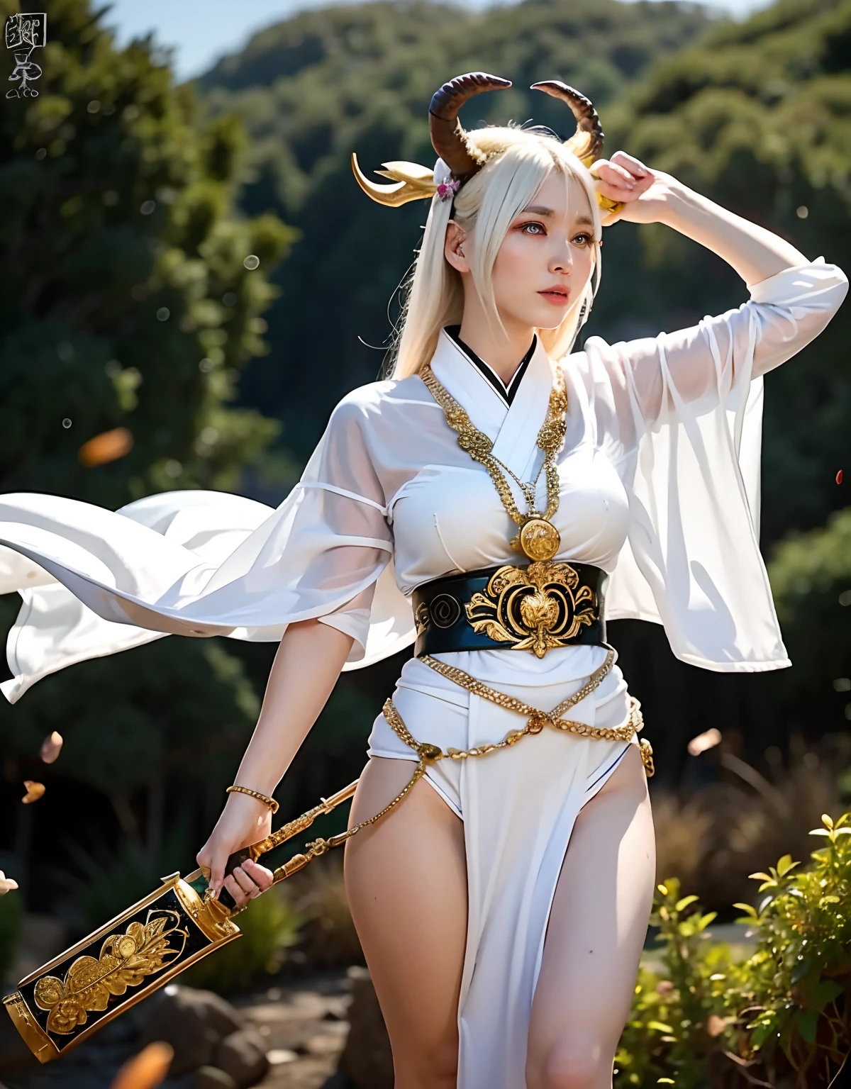 Professional , masterpiece、top-quality、photos realistic , depth of fields 、(whites micro bikini、Gemstone Bodies:1.9),(Matte White、(cleavage of the breast)、Jewel Gold Weapon、Particles of light、Gemstone Body White:1.4),Gorgeous gold weapons ,(( Dragon dense and gorgeous dragon sword)) , (demonic wings) ,Bloody 、((White hair))、(Castle background)、(demonic wings)、((Gangle's forest background))、Beautiful Caucasian beauty、1a person、dynamic ungle,(((Two devil's horns on the head)))、Smaller head、Idle Smile、Thin and beautiful female hands、cleavage of the breast、Mystical expression、Light Effects、intense fighting、Wind-effect、magic circles、With the legendary magic wand、Dragon's tail、Black tattoos all over the body、