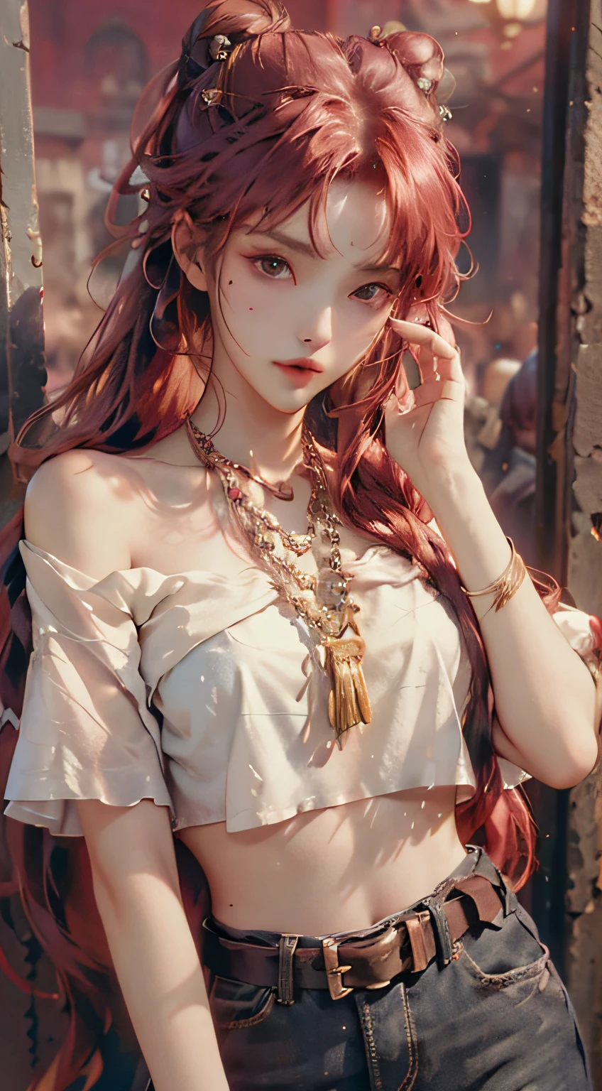 tmasterpiece,top Quority,(realisticlying,realisticlying:1.4),(RAW photos:1.2),Very delicate CG Unity 8K wallpaper,very delicate beautiful,Wonderful,bind pose,The attention to detail,offcial art,,hugefilesize,Very fine,very refined,Beautiful eyes and face,Beautiful exquisite eyes,light in face,one-girl,pony tails,thongs,leathers,full bodyesbian,Short sleeve crop top T-shirt, Bare arms, By bangs,Leather clothes,Belt accessories,Chains,red tinted hair,锁链