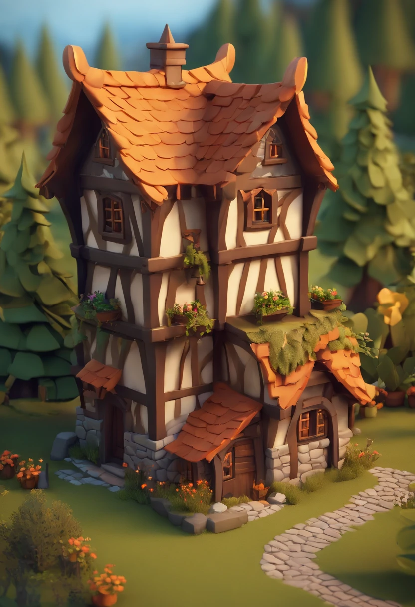 Isometric house, RPG style, Cartoony, DnD, fantasy, mobile game,Primitives,wood,medieval times,3 d render stylized,Best quality at best,borgar,cartoony