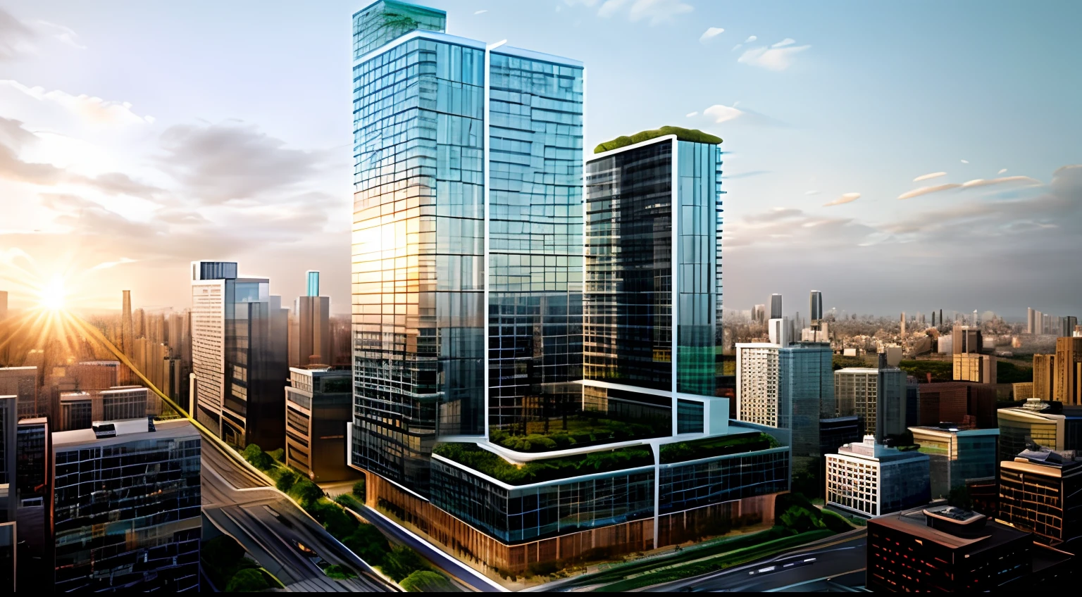 The image of a tall building with a sky blue façade, center model buildings, digital model, architectural model, an extremely detailed building, realistic building, full building, the building is a skyscraper, multistory building, detailed model, Single building, full - view, from street level, Tall building, highly detailed model, cinematic architectural scale, hq render，There are streets and tall buildings around，bustling