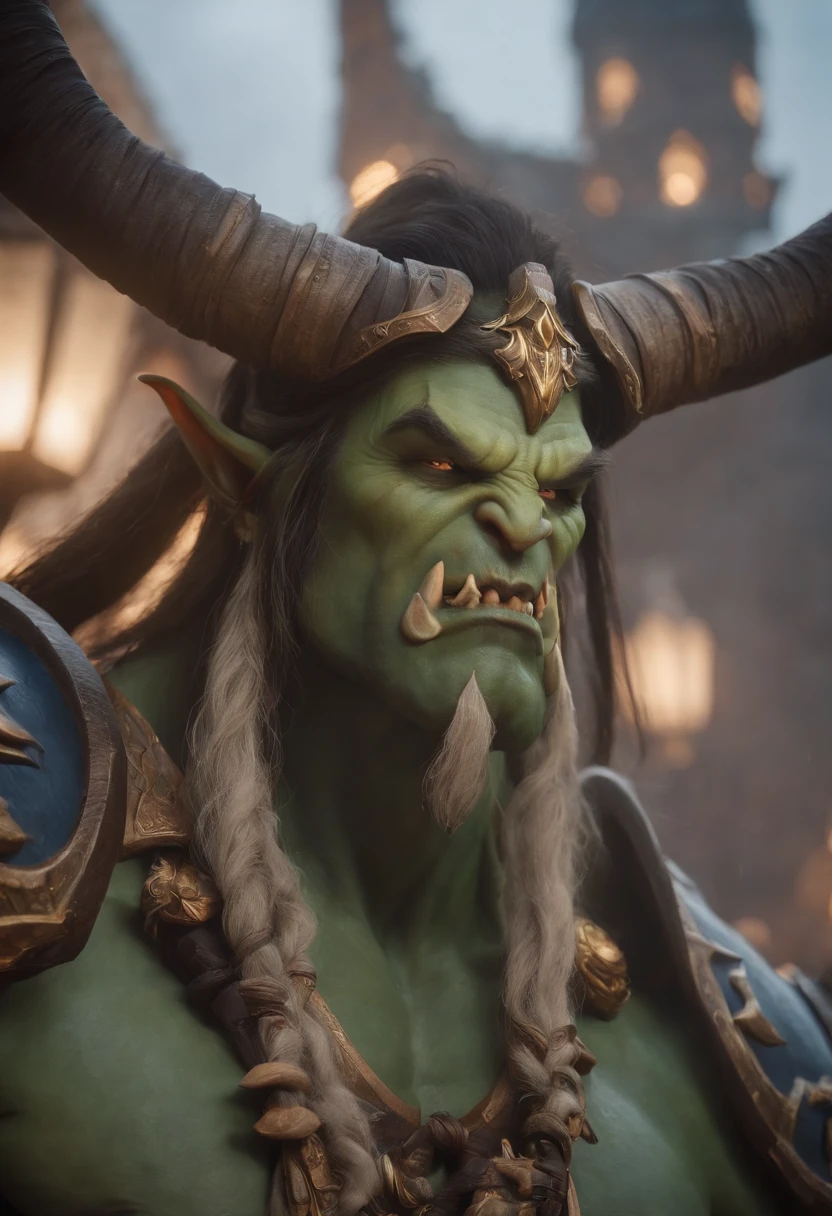 World of Warcraft characters，Illidan，Very fine details，Very vivid expression，Rest near the Bund in Shanghai at night，There were many onlookers around，The picture is rich in detail，The Bund is beautifully lit at night，Very many clouds in the sky，4k画质，Cinematic graphics，Large wide-angle lens，Lens bokeh effect。