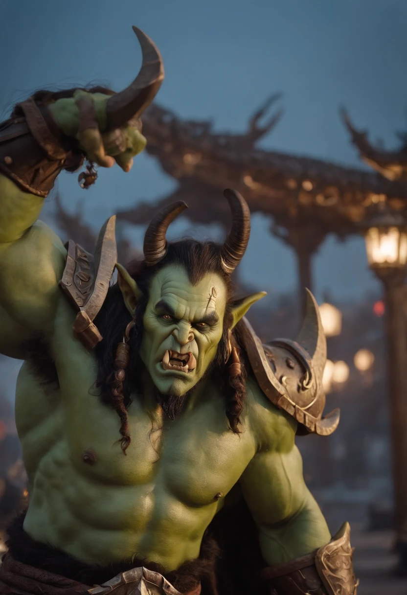 World of Warcraft characters,Illidan,Very fine details,Very vivid expression,Rest near the Bund in Shanghai at night,There were many onlookers around,The picture is rich in detail,The Bund is beautifully lit at night,Very many clouds in the sky,4k画质,Cinematic graphics,Large wide-angle lens,Lens bokeh effect。