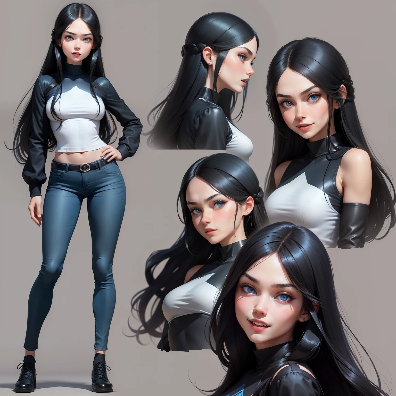 girl black long hair, 18 years blue eyes, style pixar, multiples expression and poses, character sheet, in blue pants, black shoes, character dynamic, pose, full body,laughing face, character design sheet