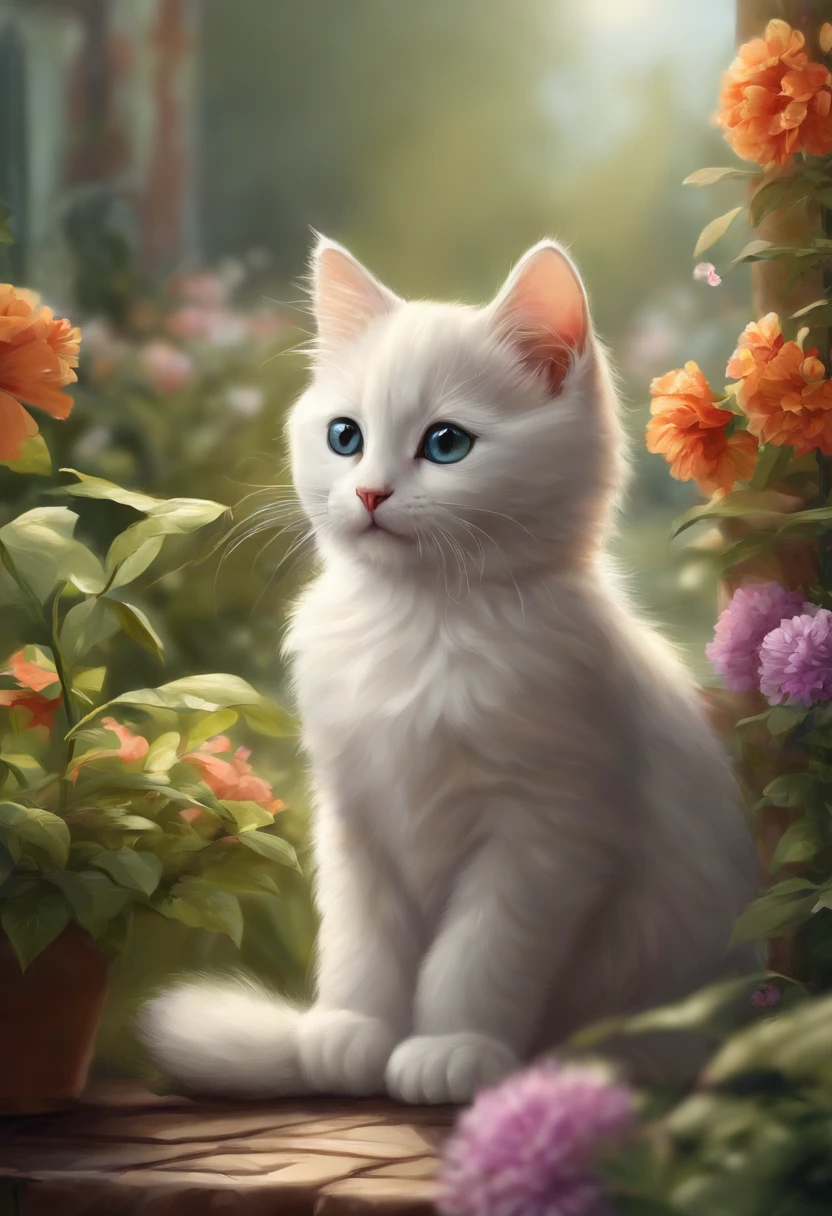 There is a white kitten sitting next to the garden, Beautiful digital painting, Cute detailed digital art, Adorable digital art, Cat. digital painting, Very detailed digital painting, Beautiful digital painting, Ultra-realistic illustrations, Soft digital painting, Beautiful digital painting, Ultra-realistic picture, Very detailed digital painting, Detailed digital painting, Cute cat, Realistic illustration, Superb digital painting