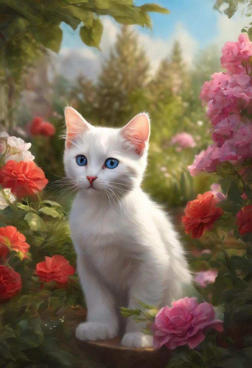 There is a white kitten sitting next to the garden, Beautiful digital painting, Cute detailed digital art, Adorable digital art, Cat. digital painting, Very detailed digital painting, Beautiful digital painting, Ultra-realistic illustrations, Soft digital painting, Beautiful digital painting, Ultra-realistic picture, Very detailed digital painting, Detailed digital painting, Cute cat, Realistic illustration, Superb digital painting