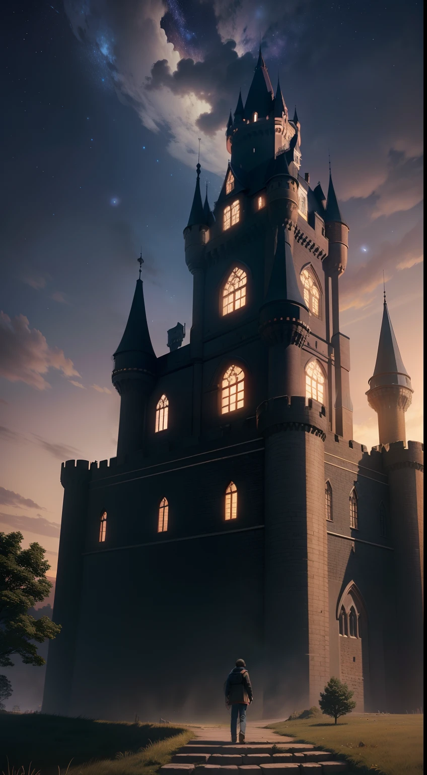 A towering castle,Realistic rendering, Stars at night, A lonely back,The boy stood on it,And a cat。It's incredibly free。