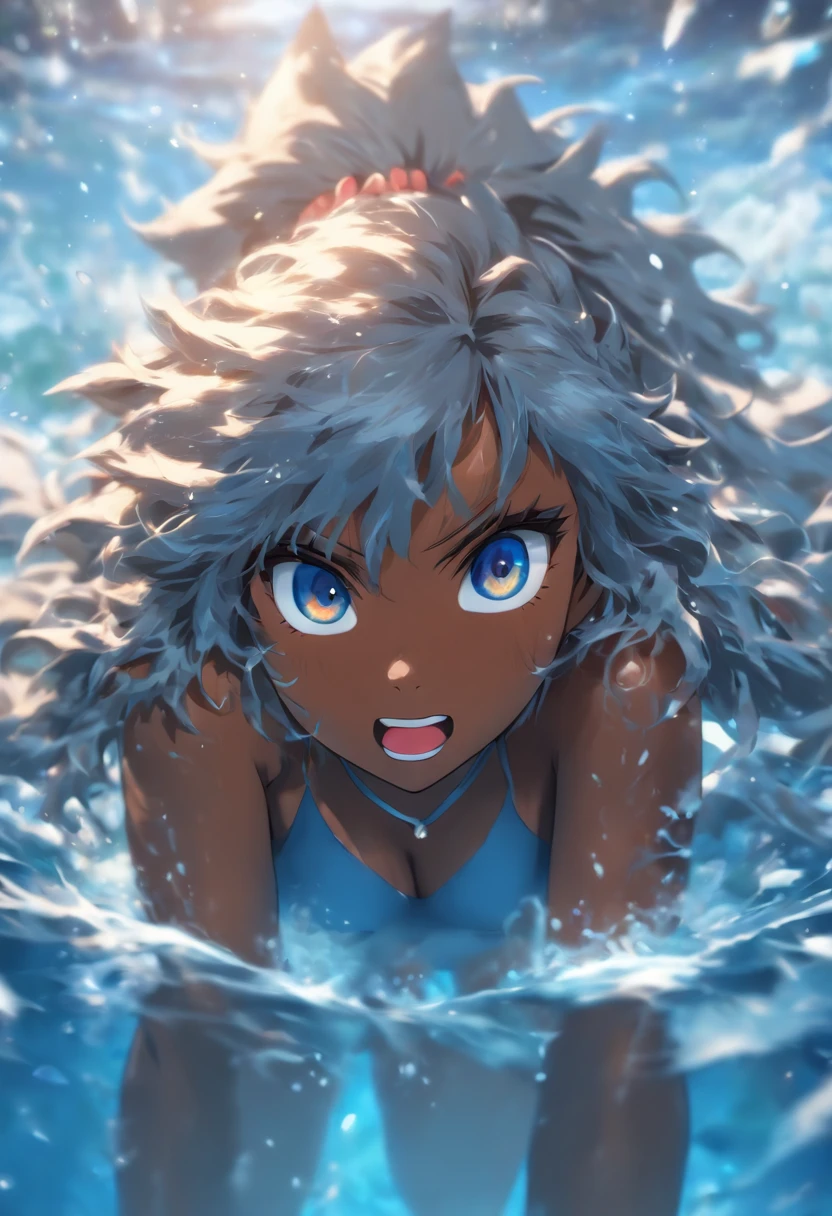 (ultra details) (detailed eyes) (no blur) dark skin, young woman, gray hair, long hair, messy hair, wolf ears, wolf tail, blue eyes, Blue bikini, dipped in water, submerged