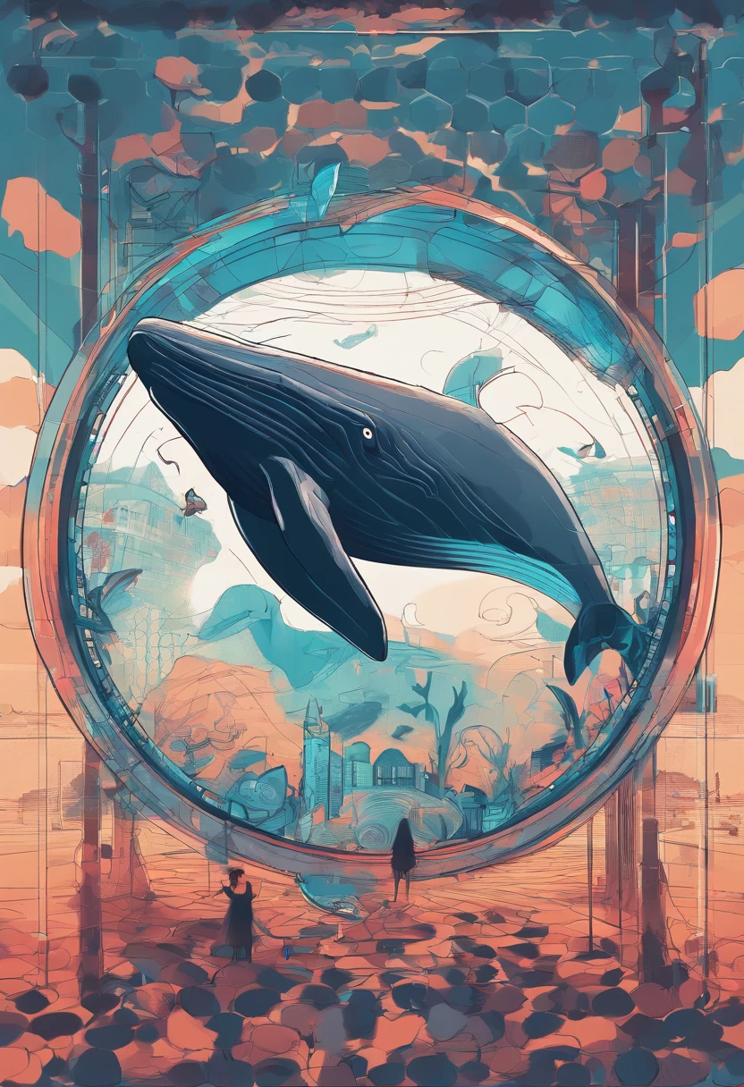 Round logo，There is a whale on the screen，ocean water，hour glass，book，Skysky, (whales),(Best posture),(best angle), (Better expression), Eduardo Kobra Acorjo Amento ,Multidimensional geometric wall portrait, Artistically, tchibi,yang08k, big breasts beautiful, coloring,