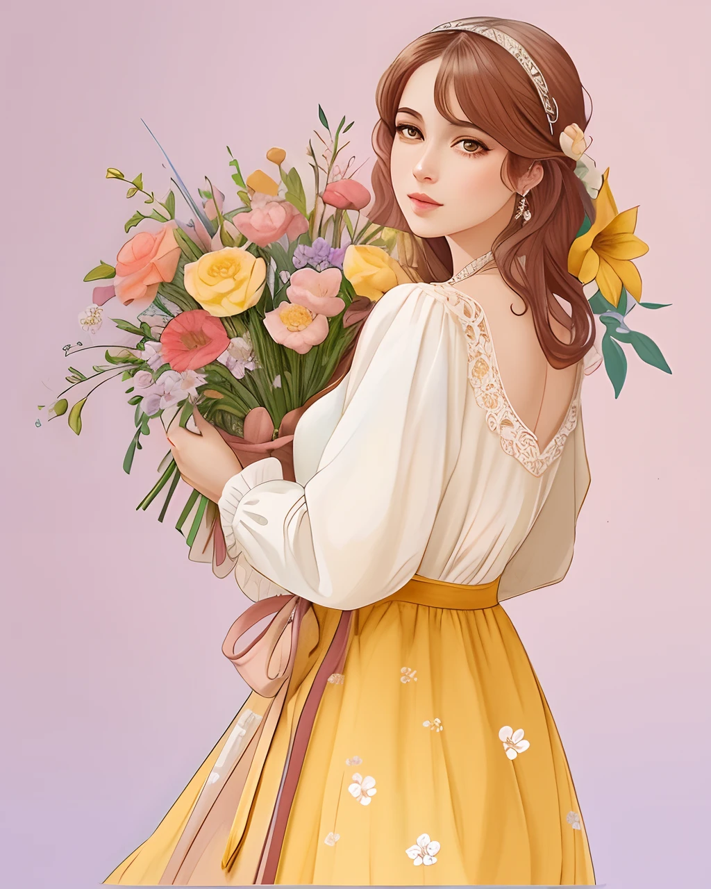 um close up de uma mulher segurando um ramo de flores, No estilo de arte de Bowater, mucha estilo 4k, a beautiful artwork illustration, fairy-tale illustration style, in illustration style digital, com flores, Beautiful digital illustration, Segurando flores, arte digital detalhada bonito, estilo de arte disney, retrato da princesa, carregando flores, exquisite digital illustration, Rainha das Flores