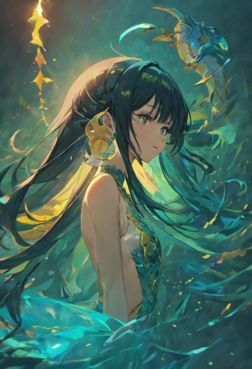 Long black hair,Scorpion,merfolk,Black and blue gradient fish tail,With one-sided earrings,