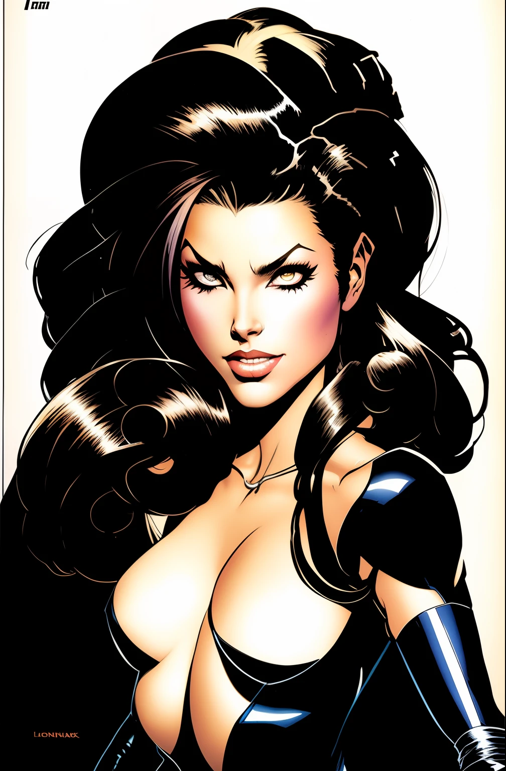 A black and white drawing of a woman with long hair, Franck Cho, inspired by Bruce Timm, par Jack Boul, J. Scott Campbell, par Ric Nagualero, J Scott Campbell, inspired by José Comas Quesada, 90s comic book character design, Portrait du destin de Sandman, Designed in the style of Mark Arian, par Greg Staples
