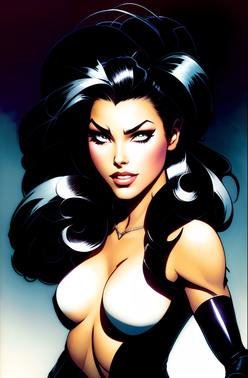 A black and white drawing of a woman with long hair, Franck Cho, inspired by Bruce Timm, par Jack Boul, J. Scott Campbell, par Ric Nagualero, J Scott Campbell, inspired by José Comas Quesada, 90s comic book character design, Portrait du destin de Sandman, Designed in the style of Mark Arian, par Greg Staples