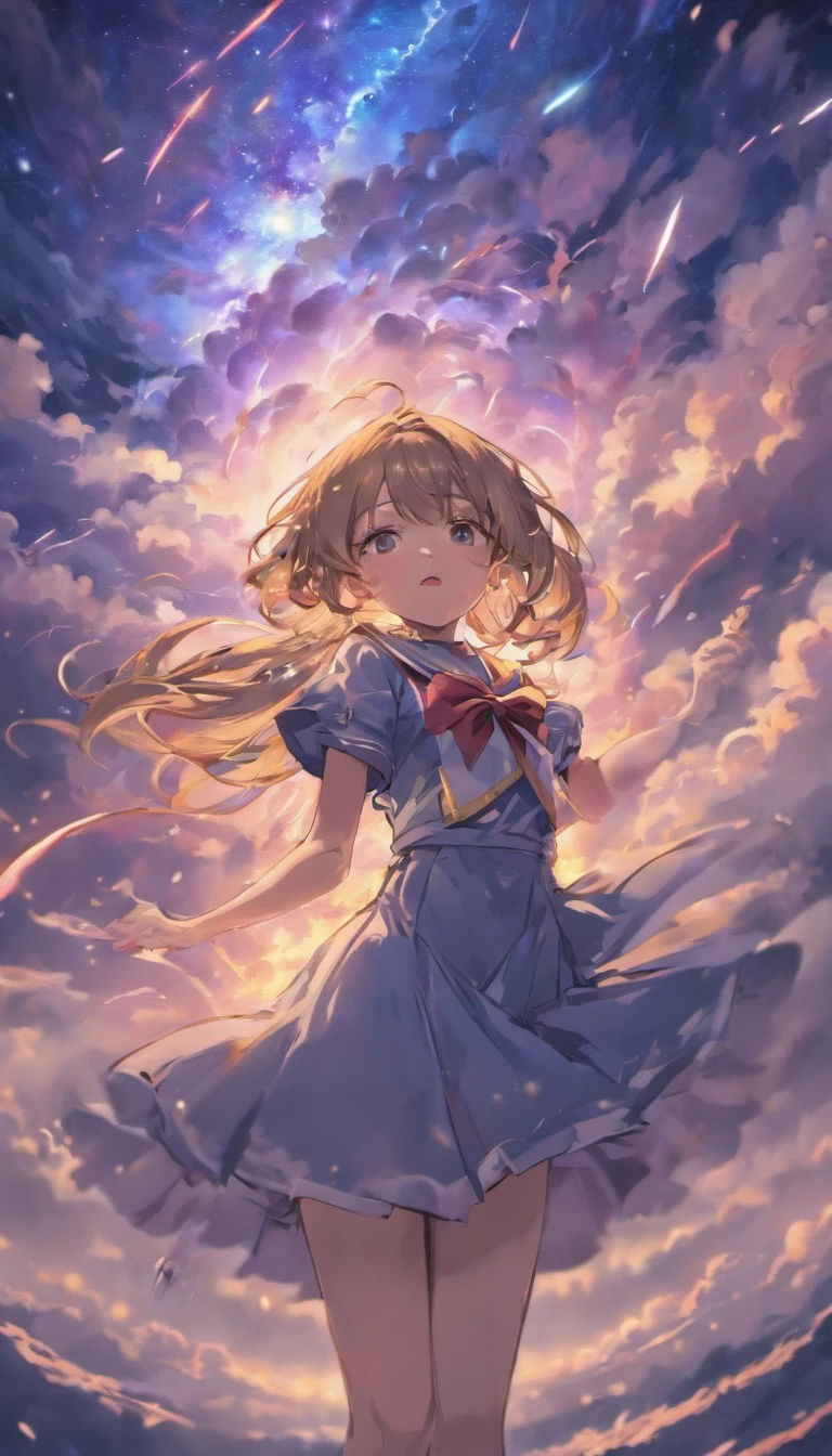 Galaxy illustration ,(abstract artistic), high high quality,Maiden in sailor suit,dark stormy clouds,Finger sky,Lightning that tears through the sky