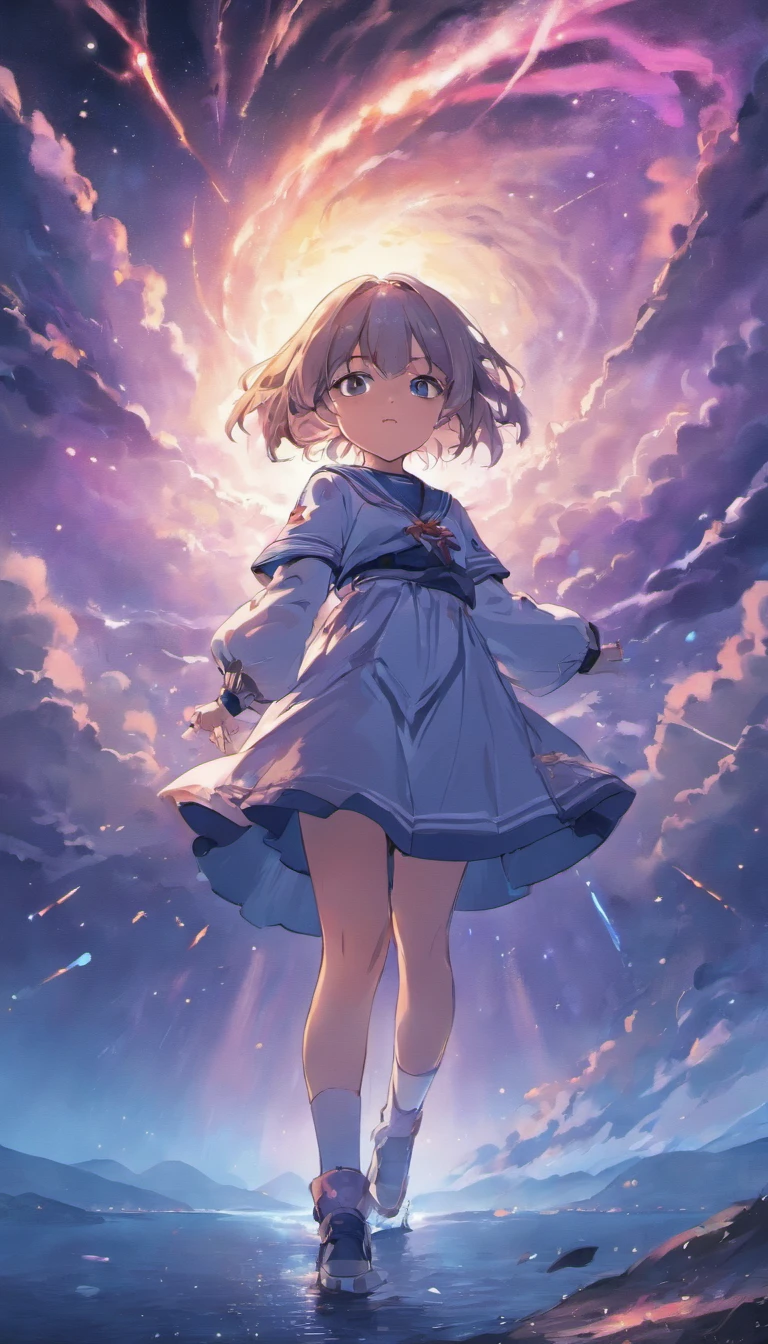 Galaxy illustration ,(abstract artistic), high high quality,Maiden in sailor suit,dark stormy clouds,Finger sky,Lightning that tears through the sky