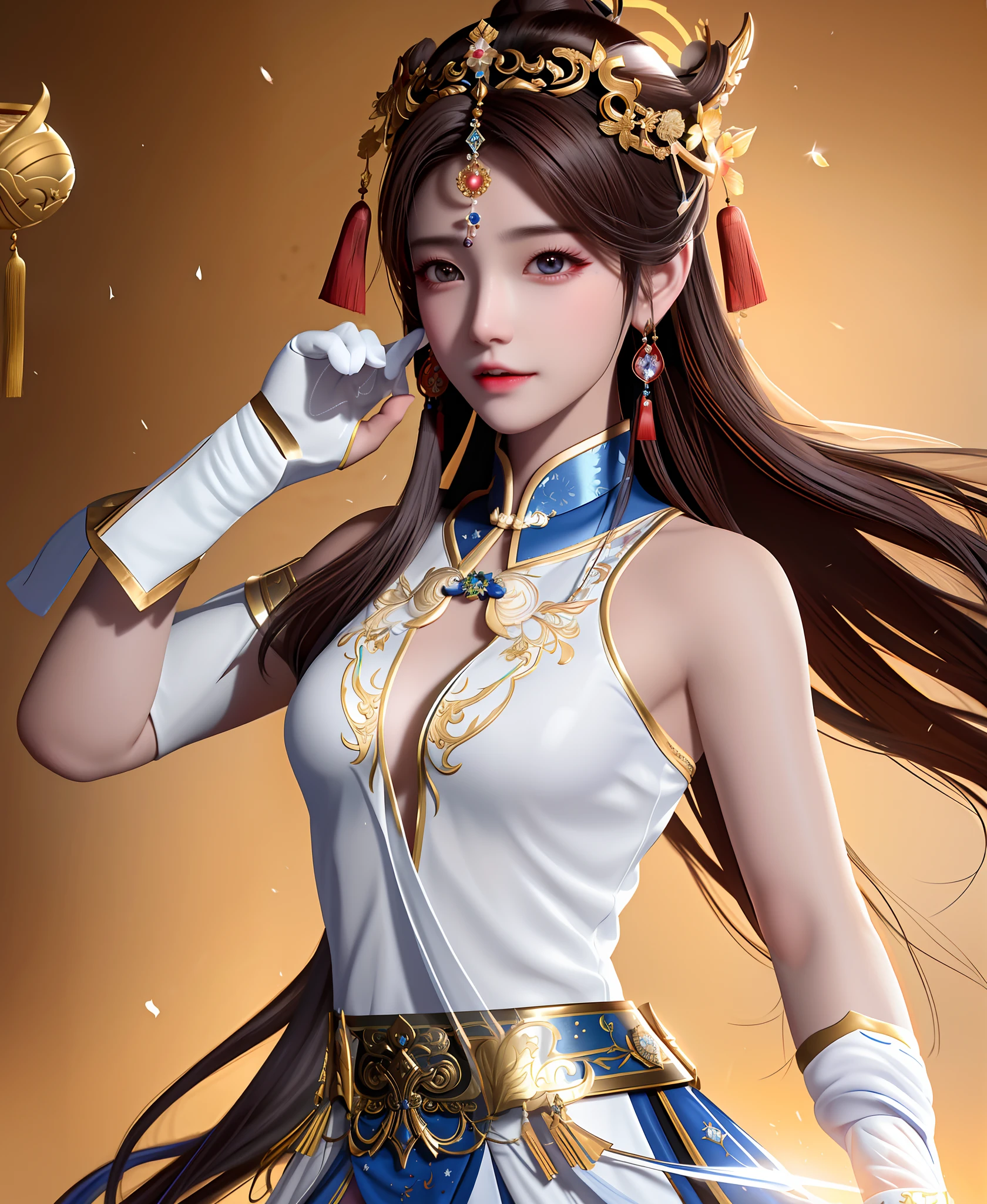 "Masterpiece, high quality, detailed, high resolution, 4k, 8k, realistic skin texture, amazing shadows, perfect lighting, hyper-realistic." A beautiful female kung-fu warrior, cosmic lights, (Chinese brown eyes, eye shadow, gloves, white light skin, small breasts, toned abs), insane chinese city on the background