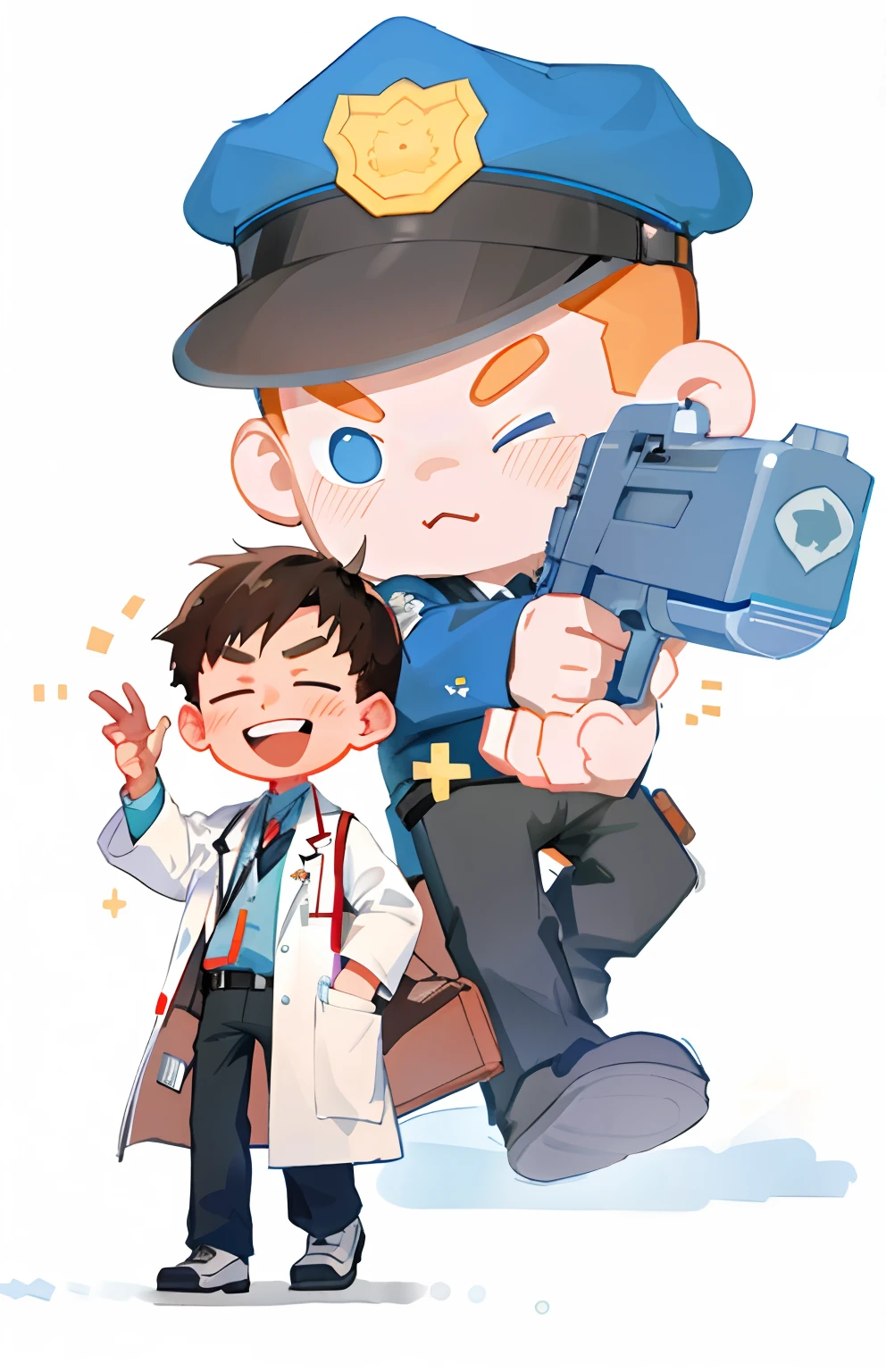 frontage、dynamic shot、Young brunette man in white doctor's coat and police officer with pistol