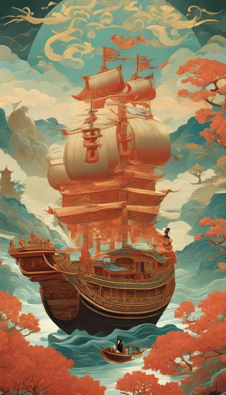 Illustration of a ship,There is a dragon and a man on it, Chinese fantasy, A beautiful artwork illustration, God of Wealth, dreamland of chinese, floating chinese lampoons, chinese surrealism, full-colour illustration, Chinese mythology, Chinese style painting, an illustration of inspired by Victo Ngai, Journey to the West, jen bartel, Journey to the West. Pop art