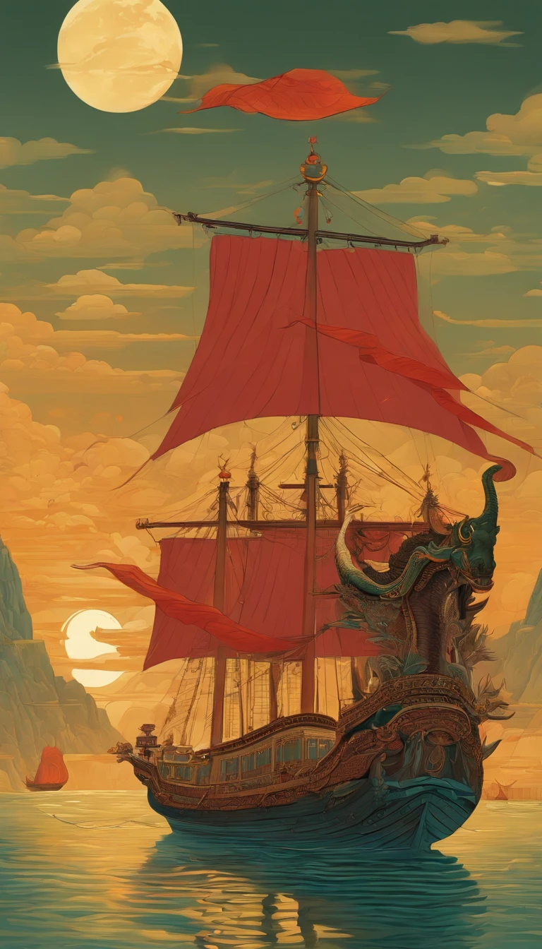 Illustration of a ship，There is a dragon and a man on it, Chinese fantasy, A beautiful artwork illustration, God of Wealth, dreamland of chinese, floating chinese lampoons, chinese surrealism, full-colour illustration, Chinese mythology, Chinese style painting, an illustration of inspired by Victo Ngai, Journey to the West, jen bartel, Journey to the West. Pop art