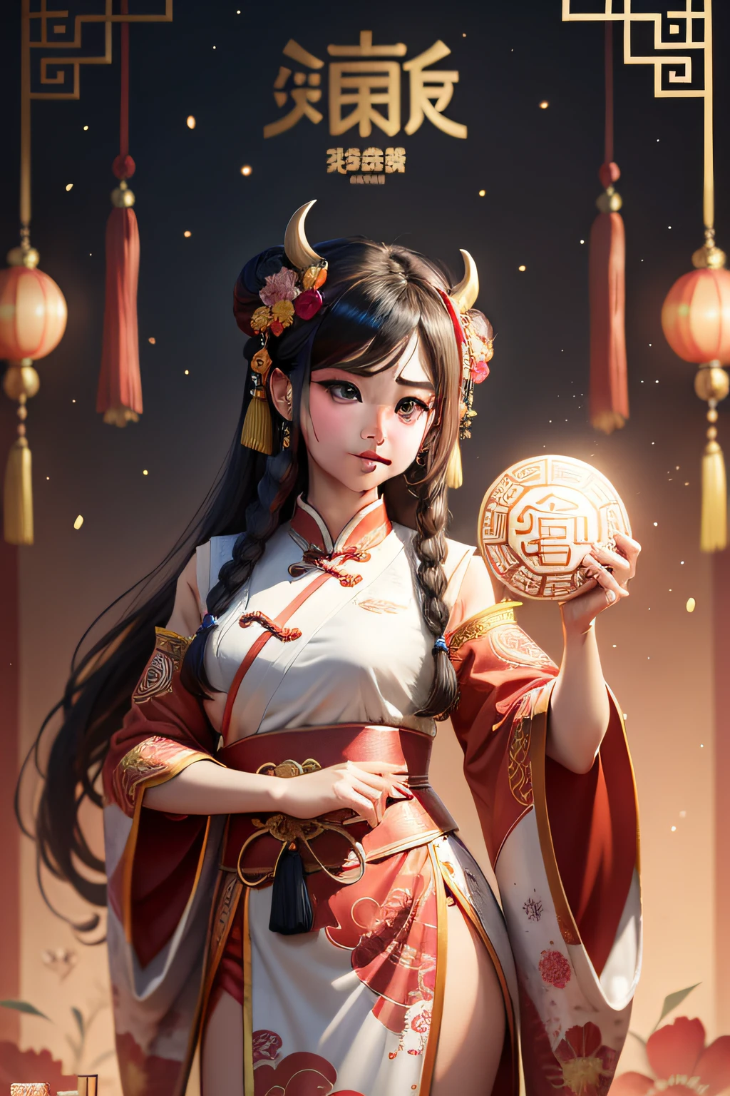 Zodiac New Year Celebration Poster Illustration Moxin characters：The humanoid bull head is dressed in traditional Chinese costume Hanfu cute vivid background：Festive has elements of New Year's joy