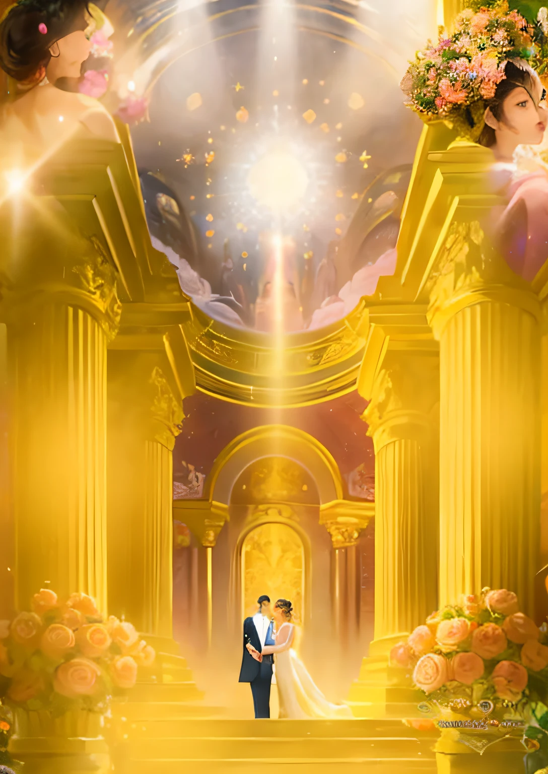 a couple standing on a staircase in a golden room, gold gates of heaven!!!!!!!!, light kingdom backdrop, tall golden heavenly gates, irradiando luz dourada, pilares de ouro puro, pilares dourados, Arte Conceitual do Amor, luzes celestiais douradas, concept art magical highlight, O Grande Templo das Flores, Palace floating in the sky, gold ethereal light, ballroom background, pilares e flores gigantescas