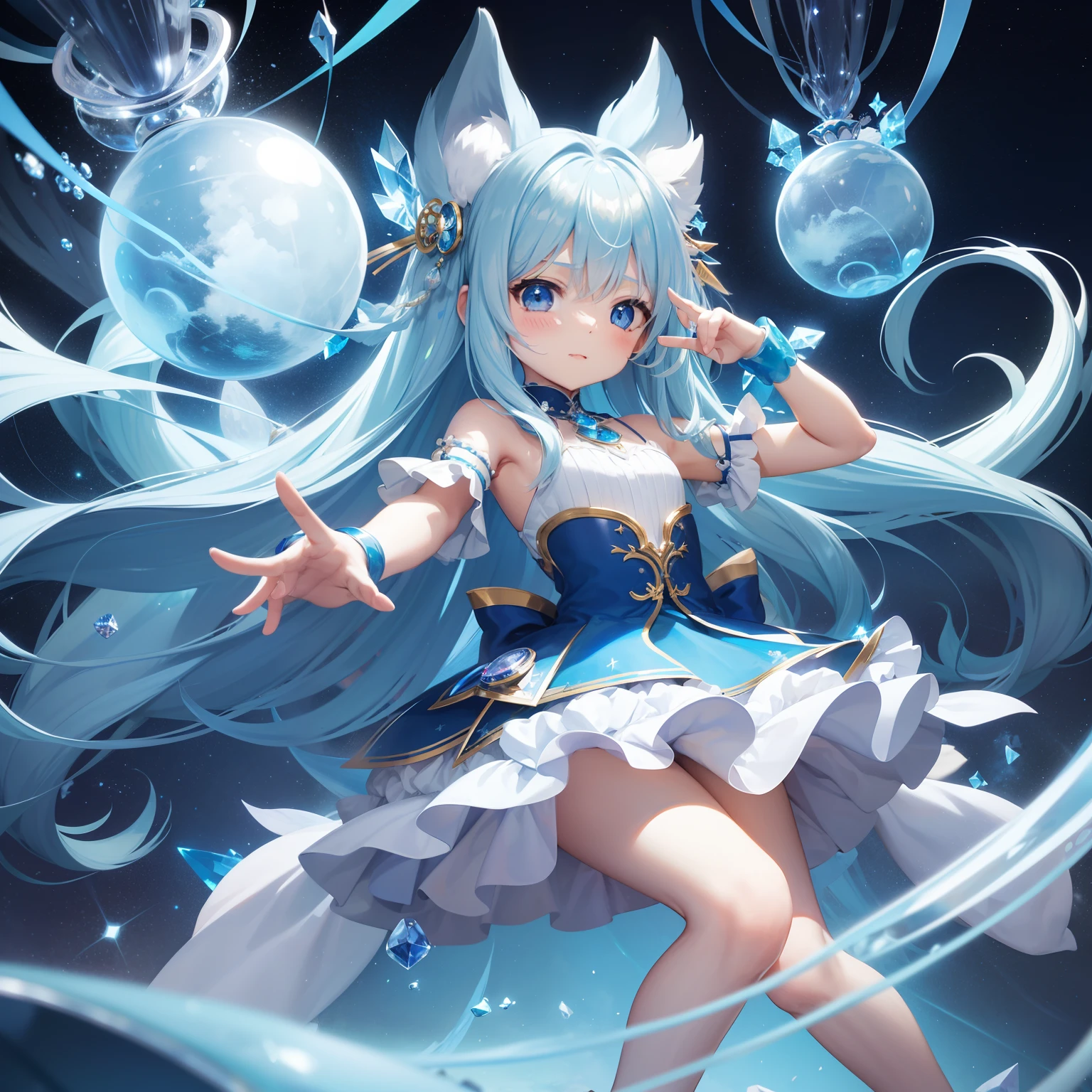 Chibichara、long hair with blue hair、Fluffy Dodge、girl with((Chibi Chara))、Engaging pose、Blue and white costume、Fantasia、Luminous Crystal、Crystal jade、constellation、a moon、Fantastic background、masutepiece
