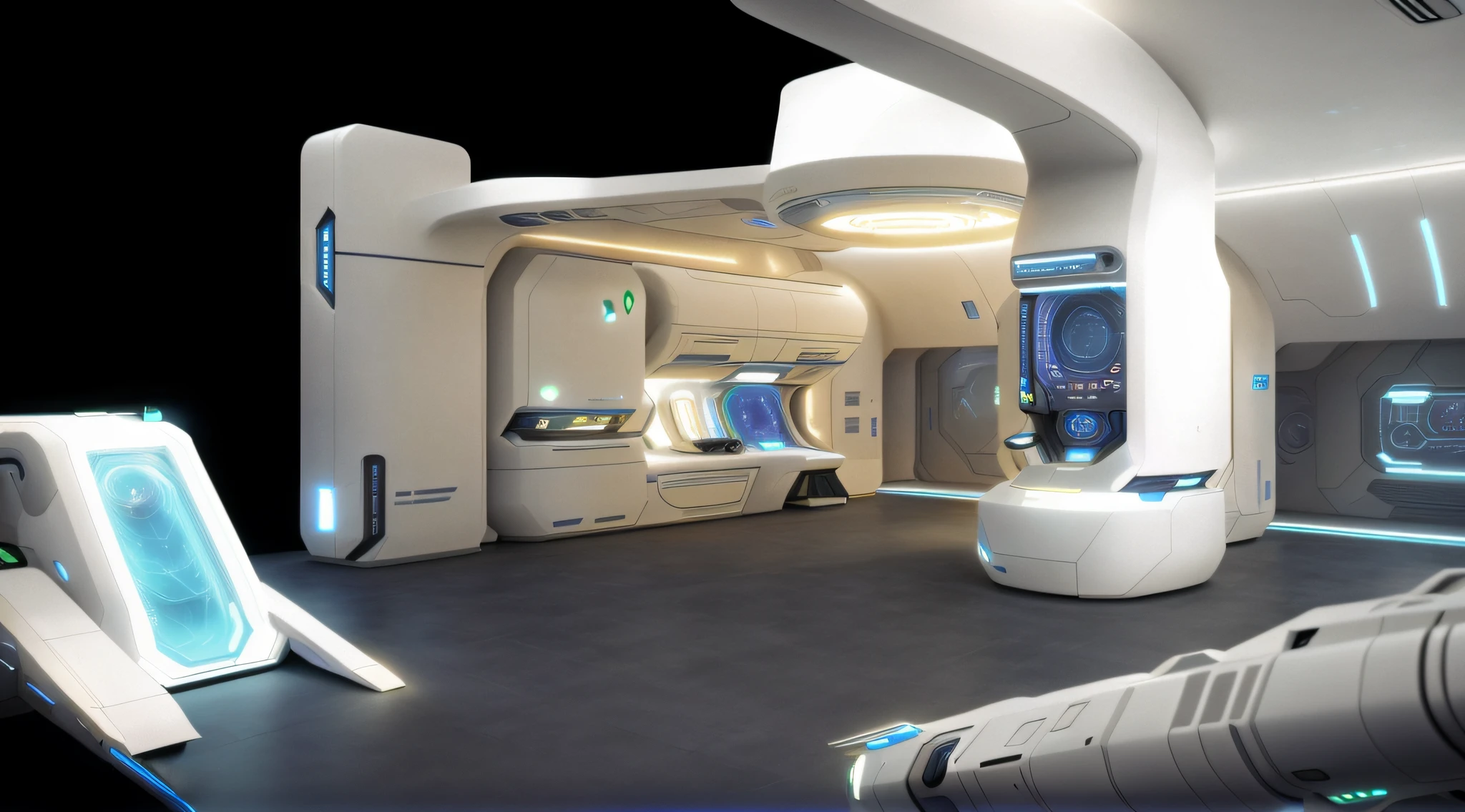 Futuristic showroom view, Futuristic booth, futuristic space station,Futuristic production facility, futuristic space port, scifi base, 3 d render of a scifi spaceport, scifi space station, Futuristic setting, sci - fi setting, futuristic architecture concept, inside a futuristic army base