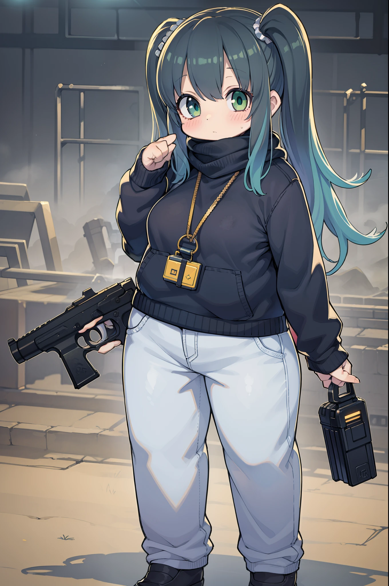 Giant handgun、Desert Eagle、Handguns in both hands、Long sideburns、Anime-style girl with beautiful whole body, Little Girl,clean detailed faces, ciber,analogous colors, Glowing shadows, beautiful gradients, depth of fields, CLEAN IMAGE, High quality,Black Parker Clothing、 high detailing, High Definition, blush, Fit, Heavenly Beauty, Very detailed, Soft lighting, Full body,Green&Black hair,Green eyes、
