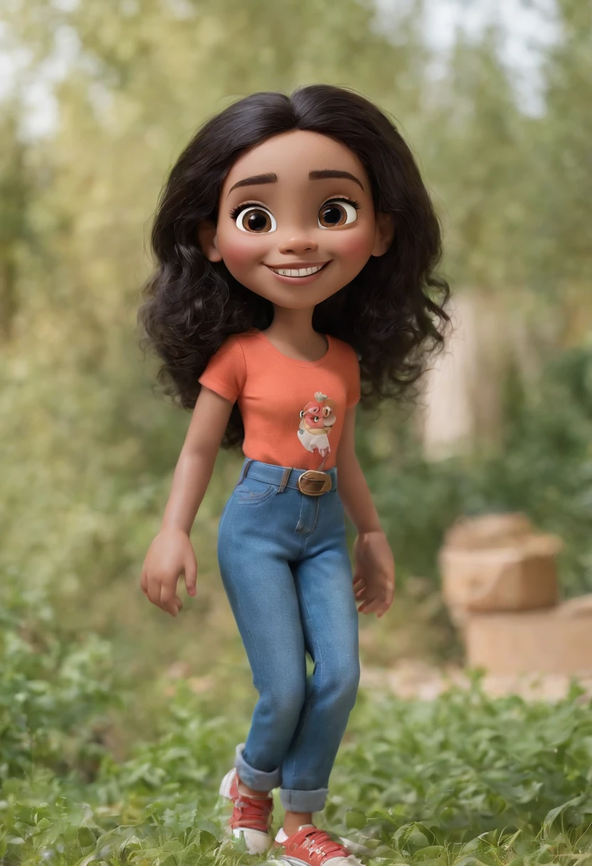 chica negra pelo largo, 18 years blue eyes, estilo pixar, Expression and multiple poses, character sheet, en pantalones azules, zapatos negros, Character dynamics, pose, cuerpo completo,Laughing face, Character Design Sheet