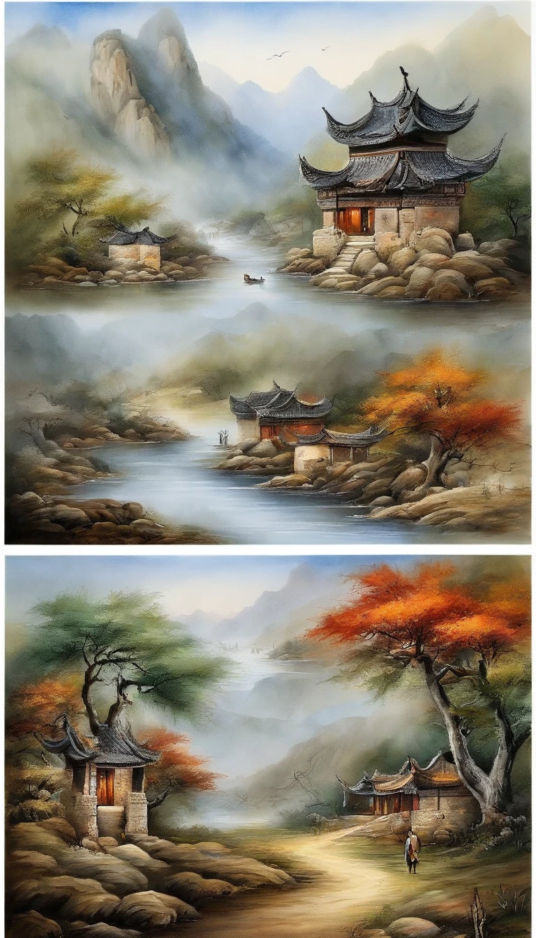 Chinese landscape painting,ink and watercolor painting,water ink,ink,Smudge,Meticulous,water ink,Smudge,Meticulous,Smudge,low-saturation,Low contrast,The light boat has crossed the Ten Thousand Heavy Mountains,Beautifully depicted,A detailed,acurate,Works of masters,tmasterpiece