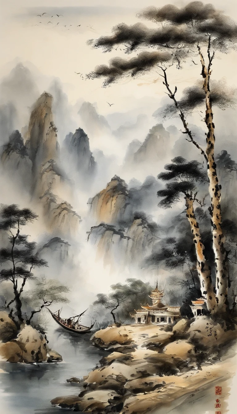 Chinese landscape painting，ink and watercolor painting，water ink，ink，Smudge，Meticulous，water ink，Smudge，Meticulous，Smudge，low-saturation，Low contrast，The light boat has crossed the Ten Thousand Heavy Mountains，Beautifully depicted，A detailed，acurate，Works of masters，tmasterpiece