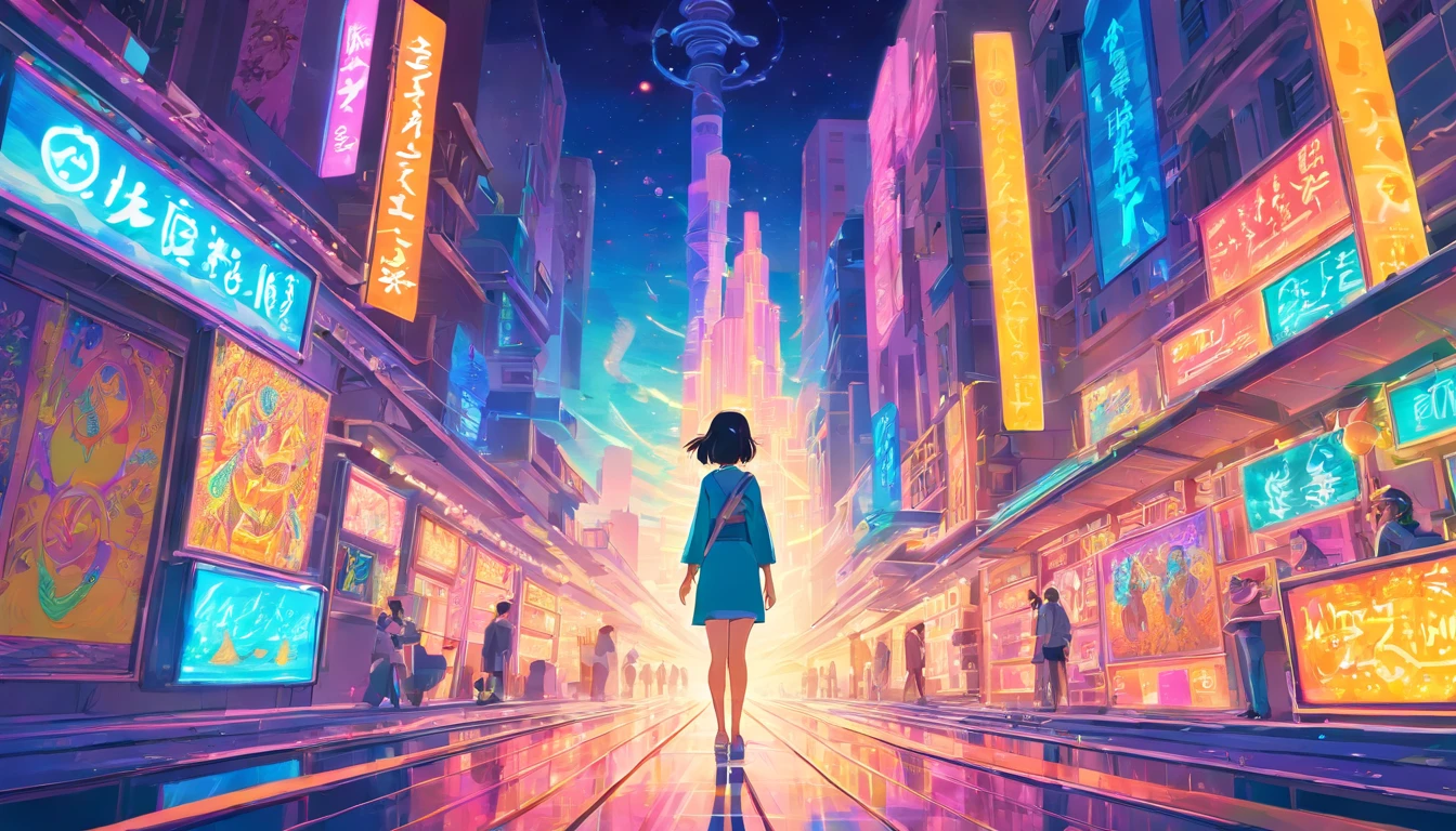 A girl wandering in a cyber city