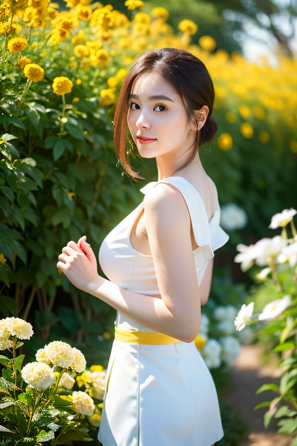 (Best Quality, Masterpiece: 1.2), Portrait, Breasts, Outdoor, 25-Year-Old Woman in the Garden: 2, White Miniskirt, (Pale Yellow Flower Confusion in the Background: 1.3) Same character, different costume, different angle, backlight: 1.5, rich skin detail: 1.5,