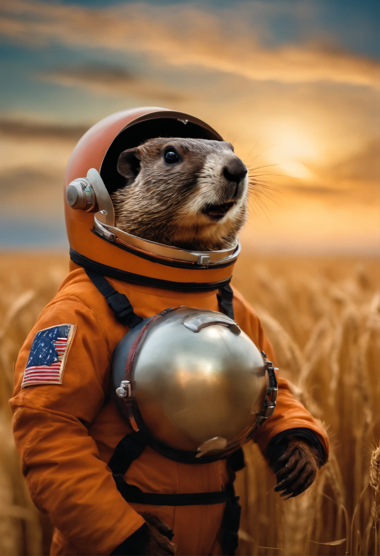 A groundhog in a spacesuit stands in a wheat field and looks into the distance，Holding a space helmet around his waist，With a smile