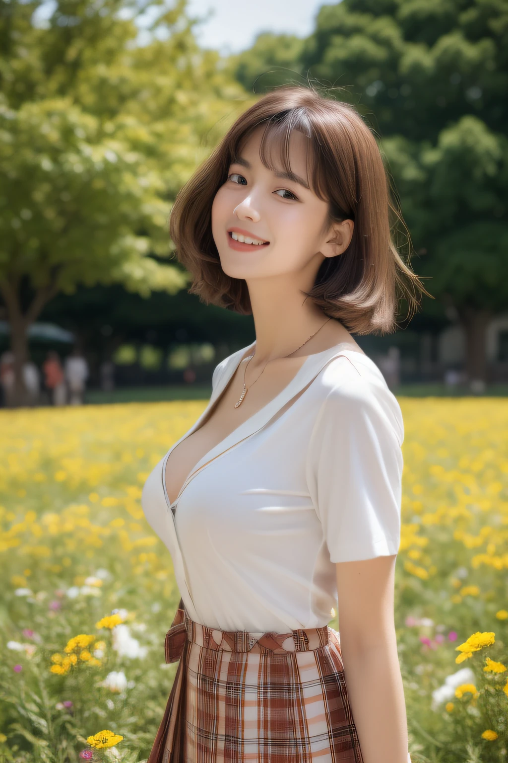 NSFW, 8k RAW photo, Best Quality, ((masutepiece)), 超A high resolution, Film grain, filmg,( 20yr old, Slender face, 1girl in, slanted eye, eyesight, long eyelashes, Eye Highlights), Looking at Viewer, Natural Skin Texture, A perfectly proportioned face, Dimples, realistic eyes and face details, Full lips, lip stick, (makeup), Red eyeshadow, Perm Hair, Fluffy short hair, hair messy, Smile, closes mouth, Beautiful legs, Tall lady, skinny, slim_Legs, Solo, huge-breasted, cleavage, Ultra short skirt, Ass, Shirt, (beautiful nature location, around flowers location), (Detailed background), (Beige plaid skirt, White shirt), huge-breasted, cleavage, Show a little cleavage through the shirt, lowfers, Blurry background, Blurry, Plaid, Short sleeves, Brown hair, Bangs, ((School uniform)), a necklace, Parted lips, Lips, From Side, Pleated skirt, depth of fields