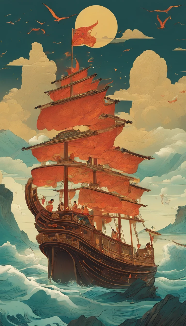 Illustration of a ship，There is a dragon and a man on it, Chinese fantasy, A beautiful artwork illustration, God of Wealth, dreamland of chinese, floating chinese lampoons, chinese surrealism, full-colour illustration, Chinese mythology, Chinese style painting, an illustration of inspired by Victo Ngai, Journey to the West, jen bartel, Journey to the West. Pop art