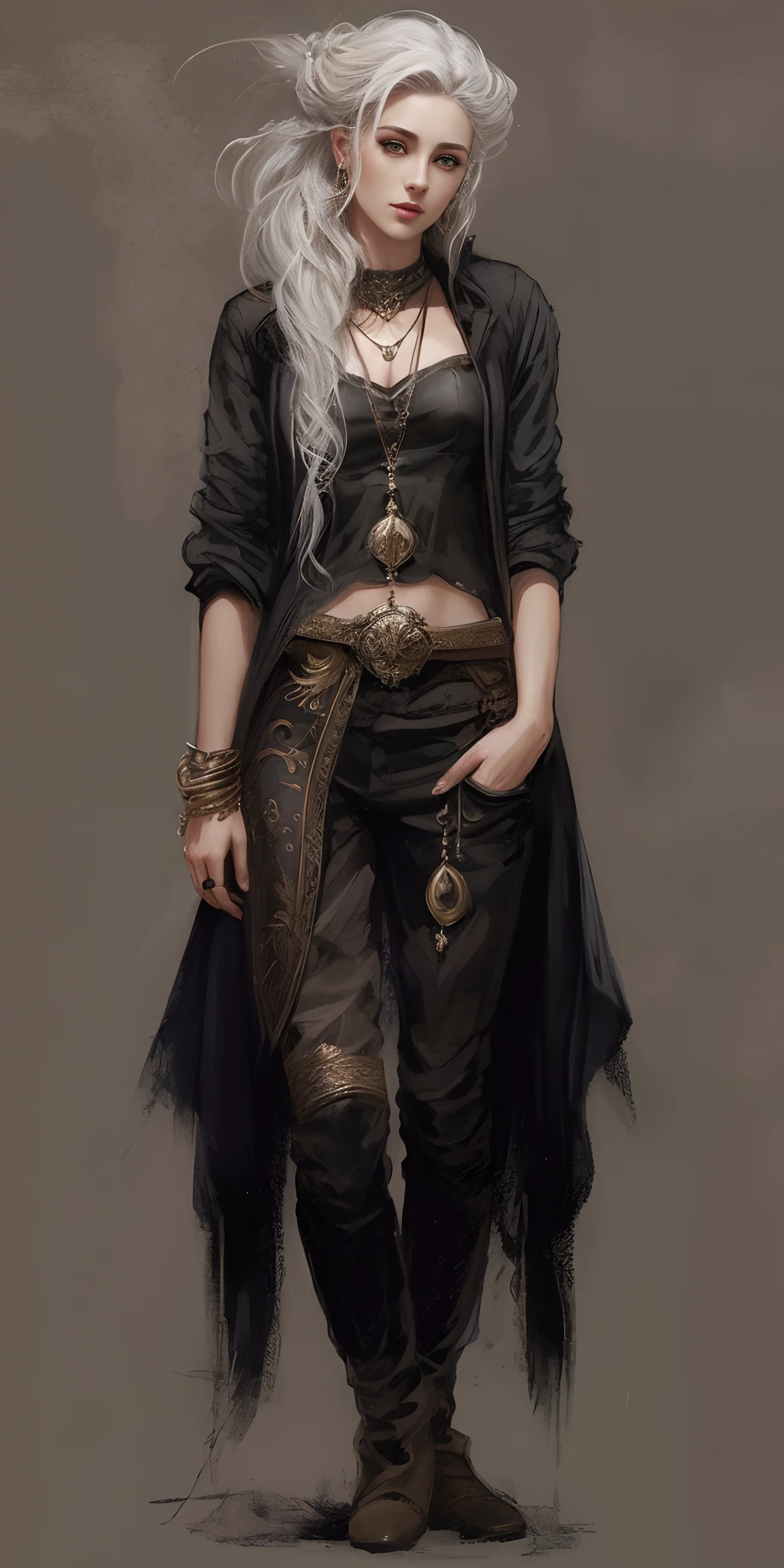 um desenho de uma mulher com cabelos brancos e um top preto, design de personagens de fantasia sombria, arte do personagem charlie bowater, eve ventrue, arte de personagem impressionante, Estilo de Charlie Bowater, design de personagens de fantasia, arte do personagem de fantasia, por Yang J, arte de estilo fantasia escura, personagem de fantasia complexa, retrato de personagem de corpo inteiro, fantasy style clothing, epic exquisite character art