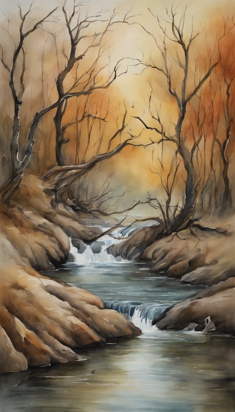 Dead vines, old trees, faint crows, small bridges and flowing water