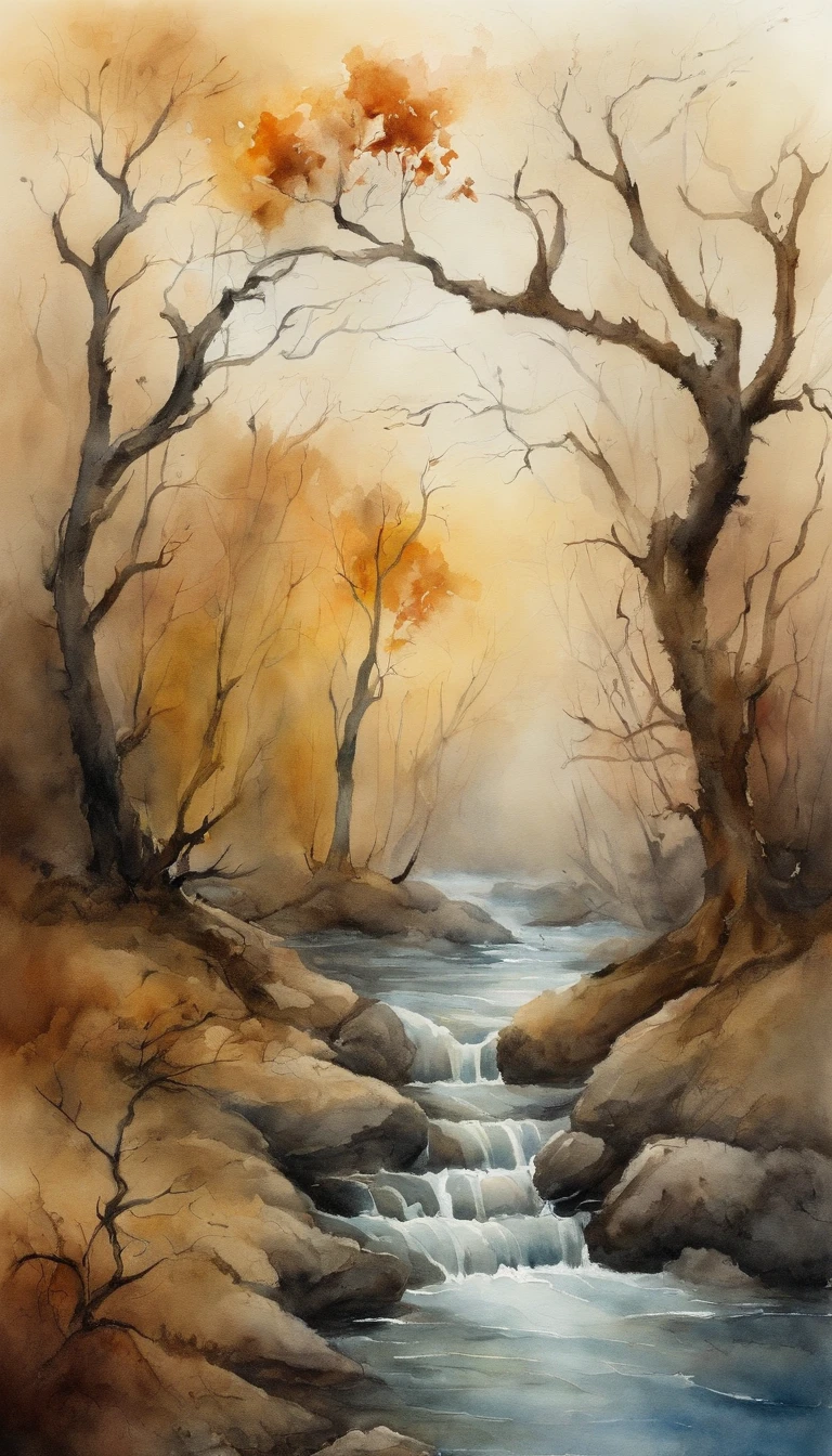 Dead vines, old trees, faint crows, small bridges and flowing water