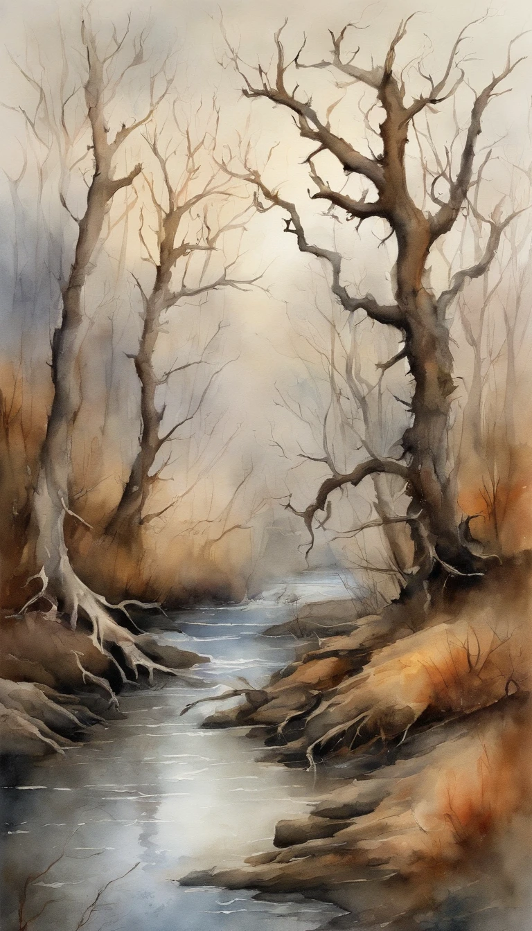 Dead vines, old trees, faint crows, small bridges and flowing water
