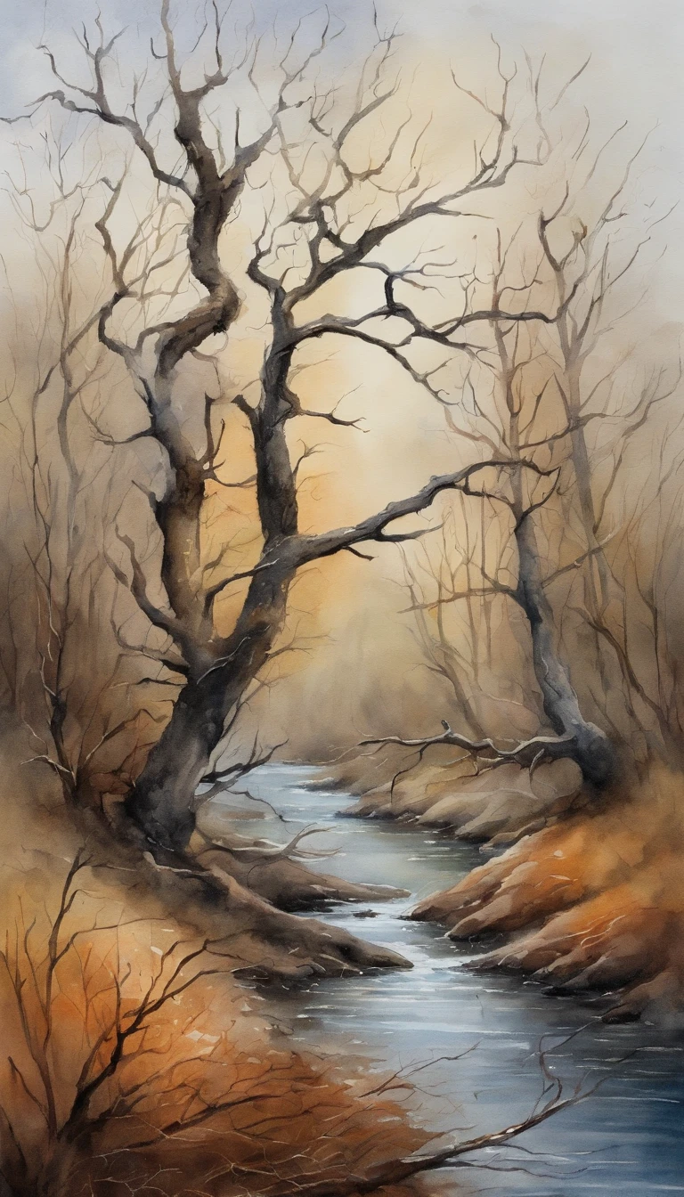 Dead vines, old trees, faint crows, small bridges and flowing water
