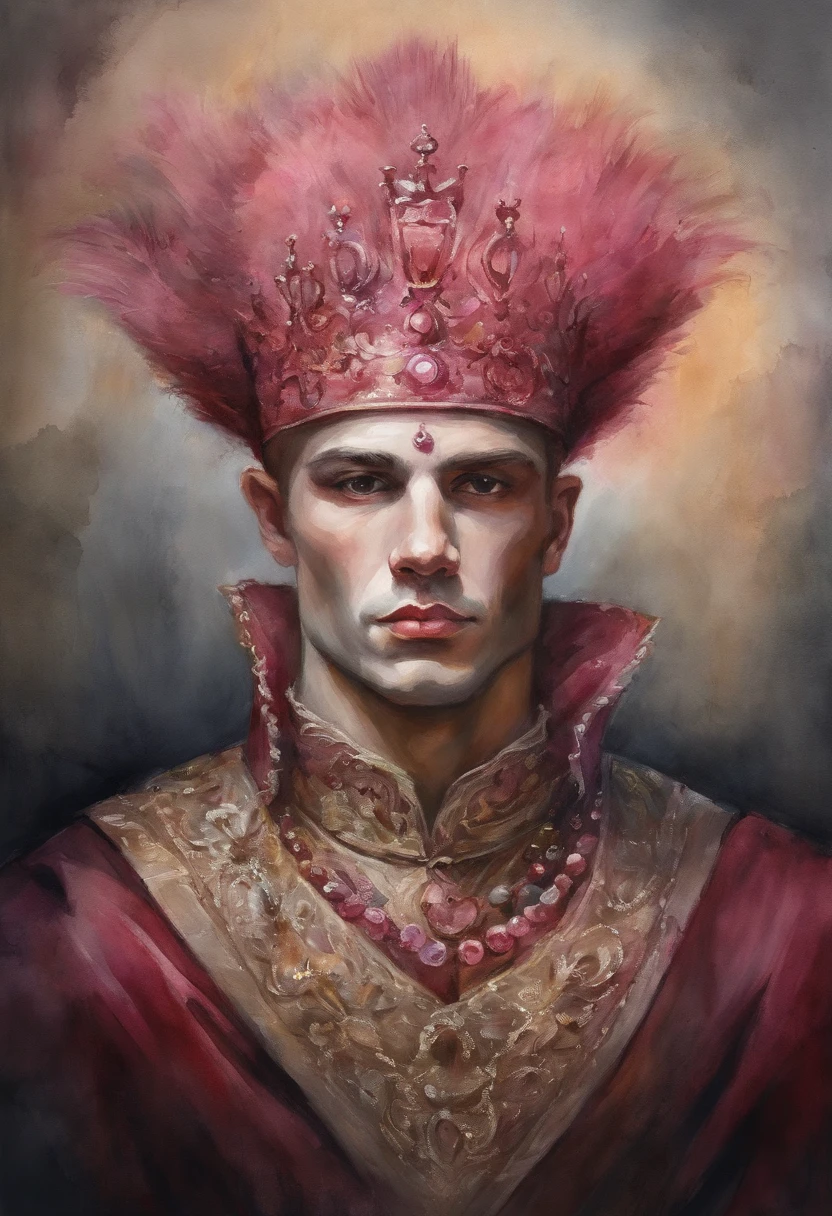 The man with short pink hair danced in a costume and a beautiful opera crown，Surrounded by dark red moonlight on the head