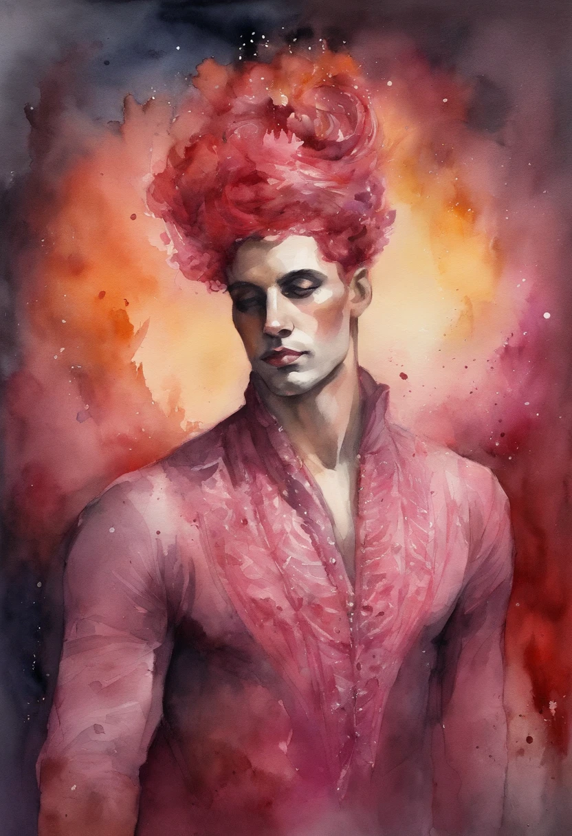 The man with short pink hair danced in a costume and a beautiful opera crown,Surrounded by dark red moonlight on the head