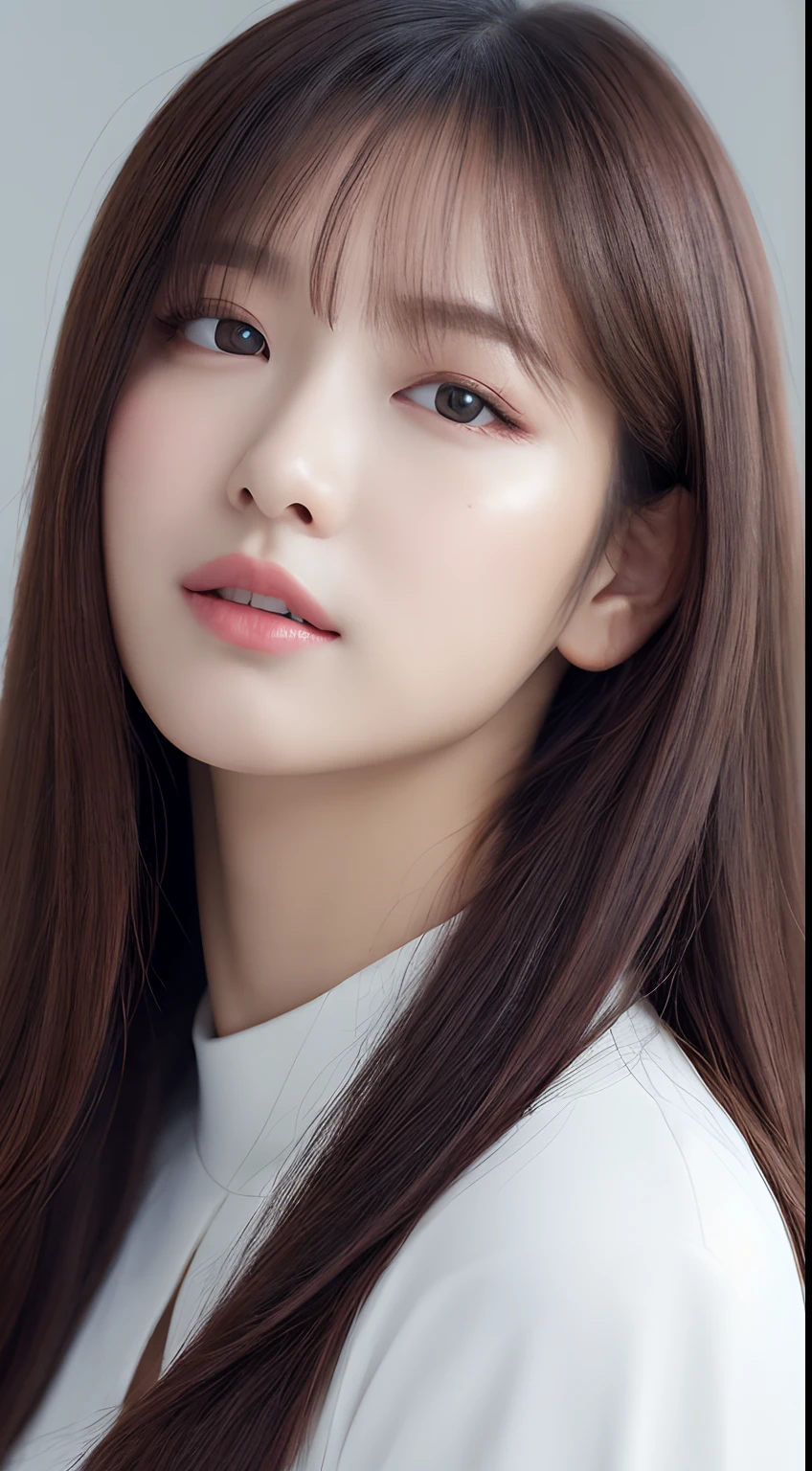 ((Realistic lighting、top-quality、8K、​masterpiece:1.3))、Clear focus:1.2、1girl in、flawless beauty:1.4、、Neat and clean clothing、One-piece clothes、Superfine Face、Narrow-eyed、二重まぶた、lighting like a movie、photos realistic、28 year old、Face like a K-pop idol、white backgrounid、Gray background、Mature Woman、Classy makeup、Angle of pull、length hair、Longhaire、Long hair、Straight hair、Korea person、Rolled hair